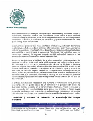 SECIETAJúADEEDUCACIÓNPmlUCi
implica la elaboración de reglas para participar de manera igualitaria en juegos y
actividades; proponer normas de convivencia como tomar turnos, resolver
conflictos, compartir material, entre otros; comprender cómo sus acciones pueden
afectarles a sí mismas, a sí mismos y a los demás, y que las necesidades de cada
quien son igual de importantes.
Es conveniente propiciar que niñas y niños se involucren y participen de manera
colaborativa en la búsqueda de distintas alternativas que sean viables, así como
en la construcción de vínculos afectivos de confianza y seguridad, lo cual es la base
que posibilita el camino hacia la autonomía. Por ello, es imprescindible tener en
cuenta que requieren tiempo para explorar, persistir y descubrir maneras en las
que pueden resolver los desafíos que se les presentan.
Asimismo, se promueve el cuidado de la salud, entendido como un estado de
bienestar cognitivo, emocional, social y físico que se crea y vive cotidianamente.
Se considera la incorporación consciente de hábitos de higiene y limpieza
(personal, objetos y espacios), alimentación, descanso, actividad física, así como el
planteamiento de las diversas concepciones de salud de cada lugar, que implican
relaciones de armonía, respeto y equilibrio consigo misma y consigo mismo, la
familia, la escuela, la com unidad y el medio ambiente. Además de identificar los
determinantes que permiten conservar la salud y los que la afectan, prevenir
enfermedades y practicar medidas de seguridad en los ámbitos en los que se
desenvuelven.
Al enfocar la Educación Preescolar a lo humano y comunitario, se favorece la
consciencia de ser parte activa de un colectivo y la participación desde la
diversidad familiar y escolar en la transformación hacia una mejor comunidad y
país, contando con oportunidades para poner en práctica y hacer suyos
comportamientos que den respuesta a la satisfacción de necesidades personales
y sociales, que contribuyen a la construcción de una vida digna para todas y todos.
Contenidos y Procesos de desarrollo de aprendizaje del Campo
formativo
Contenidos Procesos de desarrollo de aprendizaje
2º
- -
Construcción de la
identidad personal
gustos,
preferencias,
Reconoce algunos
rasgos de su
-
Identifica que
lengua que habla,
51
 