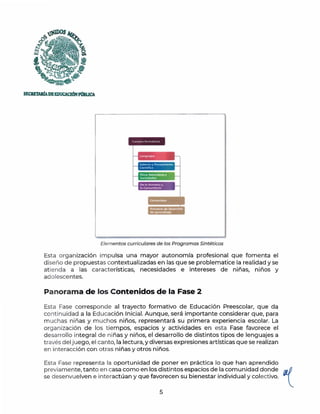 SECBETARfADEEDUCA.CIÓNPllaUCA.
Elementos curriculares de los Programas Sintéticos
Esta organizac1on impulsa una mayor autonomía profesional que fomenta el
diseño de propuestas contextualizadas en las que se problematice la realidad y se
atienda a las características, necesidades e intereses de niñas, niños y
adolescentes.
Panorama de los Contenidos de la Fase 2
Esta Fase corresponde al trayecto formativo de Educación Preescolar, que da
continuidad a la Educación Inicial. Aunque, será importante considerar que, para
muchas niñas y muchos niños, representará su primera experiencia escolar. La
organización de los tiempos, espacios y actividades en esta Fase favorece el
desarrollo integral de niñas y niños, el desarrollo de distintos tipos de lenguajes a
través del juego,el canto, la lectura,y diversas expresiones artísticas que se realizan
en interacción con otras niñas y otros niños.
Esta Fase representa la oportunidad de poner en práctica lo que han aprendido
previamente, tanto en casa como en los distintos espacios de la comunidad donde r,./
se desenvuelven e interactúan y que favorecen su bienestar individual y colectivo. ~
5
 