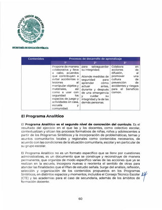 ~os
f;;
fzJ
' .
,..~,
~
"';,_
SECRETAlúA.DEEDOOCIÓNPmlUCA
Contenidos Procesos de desarrollo de aprendizaje
1° 2° 3°
Propone de manera
colaborativa y lleva
a cabo, acuerdos
que contribuyen a
evitar accidentes o
lesiones al
manipular objetos y
materiales, así
como a usar con
seguridad los
espacios de juego y
actividades en casa,
escuela y
comunidad.
El Programa Analítico
para salvaguardar Colabora en
su integridad. acciones de
difusión, al
Atiende medidas de promover una
seguridad para cultura de
aprender cómo prevención de
actuar antes, accidentes y riesgos
durante y después para el beneficio
de una emergencia común.
y cuidar su
integridad y la de las
demás personas.
El Programa Analítico es el segundo nivel de concreción del currículo. Es el
resultado del ejercicio en el que las y los docentes, como colectivo escolar,
contextualizan y sitúan los procesos formativos de niñas, niños y adolescentes a
part ir de los Programas Sintéticos y la incorporación de problemáticas, temas y
asuntos comunitarios locales y regionales como contenidos necesarios, de
acuerdo con las condiciones de la situación comunitaria, escolar y en particular de
su g rupo escolar.
El Programa Analítico no es un formato específico que se llene por cuestiones
administrativas, es un documento que se construye y reconstruye de manera
permanente, que organiza de modo específico varias de las acciones que ya se
realizan en la escuela, incorpora nuevas o reorienta el sentido de otras para
atender las finalidades que el Plan de estudio señala. Surge del análisis, reflexión,
selección y organización de los contenidos propuestos en los Programas
Sintéticos, en distintos espacios y momentos, incluidos el Consejo Técnico Escolar JJ/;
(CTE) y las academias para el caso de secundaria, además de los ámbitos de (
formación docente.
60
 