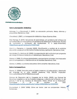 )®OS
!;;
t&J
t
'i~:
SECUTAIÚADEEDUCACIÓNPlmUCA
Sobre planeación didáctica
Aránega, S., y Doménech J. (2001). La educación primaria. Retos, dilemas y
propuestas. Barcelona, Graó.
Chevallard, l. (1997). La transposición didáctica. Aique. Buenos Aires.
Díaz Barriga, Á. (2013). Secuencias de aprendizaje ¿Un problema del enfoque de
competencias o un reencuentro con perspectivas didácticas? Profesorado. Revista
de currículum y formación del profesorado. 17, 3 (sept.-diciembre).
https://www.ugr.es/~recfpro/revl73ART1.pdf
Giné N. y Parcerisa, A. (coords) (2003). Planificación y análisis de la práctica
educativa. La secuencia formativa: fundamentos y aplicación. Barcelona, Graó.
Hernández, F., y Ventura, M. (2005). La organización del currículum por proyectos
de trabajo. El conocimiento es un calidoscopio. Barcelona, Graó.
Zabala, A. (1999). El enfoque globalizadory pensamiento complejo. Una respuesta
para la comprensión e intervención en la realidad. Barcelona, Graó.
Zabala, A. (2002). La práctica educativa. Cómo enseñar. Barcelona, Graó.
Sobre lectoescritura
Álvarez, S. (2006). Relación entre el habla materna y la adquisición y desarrollo
del lenguaje en el niño. MAPRE Medicina, 17(3), 202-215. https://sid-
inico.usal.es/idocs/F8/ART9362/relacion.pdf
Cámara de Diputados del H. Congreso de la Unión. (2003). Ley General de
Derechos Lingüísticos de los Pueblos Indígenas y reforma de la f racción IV, del
artículo 7 de la Ley General de Educación. Diario Oficial de la Federación.
Consultada el 20 de octubre de 2021.
https://dof.gob.mx/nota detalle.php?codigo=698625&fecha=13/03/2003
Foucambert, J. (1989/ 2008). Cómo ser lector. Leer es comprender. México, JJ/
Fontamara. .
67
 