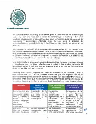 SECBETARfADEEDUCACIÓNPmllJCA
Los conocim ientos, saberes y experiencias para el desarrollo de los aprendizajes
que componen esta Fase, son motores del aprendizaje, los cuales pueden estar
ligados a situaciones o problemáticas que sean pertinentes para los procesos de
enseñanza y aprendizaje. Además, serán la base para el proceso de
contextualización, descubrimiento y significación que habrán de construir en
colectivo.
Los Contenidos y los Procesos de desarrollo de aprendizaje son un componente
del currículo que permite organizarlo,y son la base para que cada colectivo escolar,
conjuntamente con los saberes docentes, comunitarios y estudiantiles, así como
el contexto escolar, diseñe su Programa Analítico, al tiempo que estarán en
posibilidad de construir sus actividades de aprendizaje.
Lo anterior conlleva a pensar el proceso de aprendizaje como un proceso continuo
e inacabado, que no tiene relación con la edad o los grados escolares. El
aprendizaje no es lineal, sino que se organiza y toma sentido en función de la
sit uación, problemática o contexto.
En el siguiente cuadro se presentan todos los Contenidos de los cuatro Campos
formativos de la Fase 2. Es importante considerar que esta organización no es
secuencial, sino que se presentan como Contenidos para establecer trayectorias o
relaciones entre ellos que mantengan un vínculo temático, complementario, de
contraste, etc., que permitan al personal docente establecer rutas de aprendizaje.
Lenguajes Saberes y l ~ De lo Humano y lo
Pensamiento .~ Comunitario
Científico :;....
Comunicación oral
de necesidades,
emociones, gustos,
ideas y saberes, a
t ravés de los
d iversos lenguajes,
desde una
perspectiva
comunitaria.
Narración de
historias m ediante
d iversos lenguaj es,
Exploración de la
diversidad natural
que existe en la
comunidad y en
otros lugares.
Interacción,
cuidado,
conservación y
regeneración de la
naturaleza, que
favorece la
construcción de
una conciencia
socio ambiental.
Saberes familiares y Transformación
comunitarios que responsable del
resuelven entorno al satisfacer
6
Construcción de la
identidad personal
a partir de su
pertenencia a un
territorio, su origen
étnico, cultural y
lingüístico, y la
interacción con
personas cercanas.
Posibilidades de
movimiento en
diferentes espacios,
 