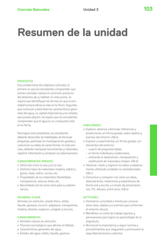 Ciencias Naturales Unidad 3 103 
Resumen de la unidad 
PROPÓSITO 
Esta unidad tiene dos objetivos centrales. El 
primero es que los estudiantes comprendan que 
existen animales nativos en extinción producto 
del deterioro de su hábitat. En este punto, se 
espera que identifiquen las formas en que la acti-vidad 
humana afecta la vida en la Tierra. Segundo, 
que conozcan y describan las características gene-rales 
del agua, su capital importancia y los estados 
que puede adquirir. Se espera que los estudiantes 
comprendan que el agua es un compuesto vital 
en la Tierra. 
Para lograr estos propósitos, los estudiantes 
deberán desarrollar las habilidades de formular 
preguntas, participar en investigaciones guiadas y 
comunicar sus ideas de varias formas. En este pro-ceso, 
deberán manipular herramientas y materiales, 
registrar información y comparar sus observaciones. 
CONOCIMIENTOS PREVIOS 
› Distinción entre lo vivo y lo no vivo. 
› Distintos tipos de materiales: madera, plástico, 
goma, meta, vidrio, corcho, etc. 
› Propiedades de los materiales: flexibilidad, 
transparencia, textura, brillo, etc. 
› Necesidades de los seres vivos para su sobrevi-vencia. 
PALABRAS CLAVE 
Animales en extinción, estado físico, sólido, 
líquido, gaseoso, escurrir, adaptarse, transparente, 
inodora, disolver, evaporar, congelar y recurso. 
CONOCIMIENTOS 
› Animales nativos en extinción. 
› Procesos tecnológicos que afectan el hábitat. 
› Características generales del agua. 
› Estados del agua: sólido, líquida, gaseoso. 
HABILIDADES 
› Explorar, observar y formular inferencias y 
predicciones, en forma guiada, sobre objetos y 
eventos del entorno. (OA a) 
› Explorar y experimentar, en forma guiada, con 
elementos del entorno: 
- a partir de preguntas dadas 
- en forma individual y colaborativa, 
- utilizando la observación, manipulación y 
clasificación de materiales simples. (OA b) 
› Observar, medir y registrar los datos cuidadosa-mente 
utilizando unidades no estandarizadas. 
(OA c) 
› Comunicar y comparar con otros sus ideas, 
observaciones, mediciones y experiencias de 
forma oral y escrita, y a través de presentacio-nes, 
TIC, dibujos, entre otros. (OA e) 
ACTITUDES 
› Demostrar curiosidad e interés por conocer 
seres vivos, objetos y/o eventos que conforman 
el entorno natural. 
› Manifestar un estilo de trabajo riguroso y 
perseverante para lograr los aprendizajes de la 
asignatura. 
› Reconocer la importancia y seguir normas y 
procedimientos que resguarden y promuevan la 
seguridad personal y colectiva. 
 