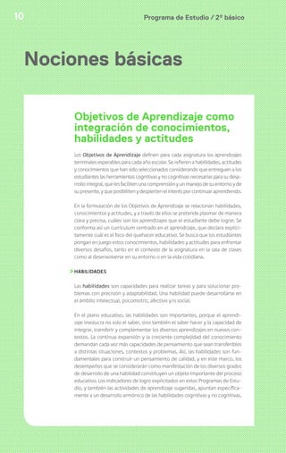 10 Programa de Estudio / 2º básico 
Nociones básicas 
Objetivos de Aprendizaje como 
integración de conocimientos, 
habilidades y actitudes 
Los Objetivos de Aprendizaje definen para cada asignatura los aprendizajes 
terminales esperables para cada año escolar. Se refieren a habilidades, actitudes 
y conocimientos que han sido seleccionados considerando que entreguen a los 
estudiantes las herramientas cognitivas y no cognitivas necesarias para su desa-rrollo 
integral, que les faciliten una comprensión y un manejo de su entorno y de 
su presente, y que posibiliten y despierten el interés por continuar aprendiendo. 
En la formulación de los Objetivos de Aprendizaje se relacionan habilidades, 
conocimientos y actitudes, y a través de ellos se pretende plasmar de manera 
clara y precisa, cuáles son los aprendizajes que el estudiante debe lograr. Se 
conforma así un currículum centrado en el aprendizaje, que declara explíci-tamente 
cuál es el foco del quehacer educativo. Se busca que los estudiantes 
pongan en juego estos conocimientos, habilidades y actitudes para enfrentar 
diversos desafíos, tanto en el contexto de la asignatura en la sala de clases 
como al desenvolverse en su entorno o en la vida cotidiana. 
HABILIDADES 
Las habilidades son capacidades para realizar tareas y para solucionar pro-blemas 
con precisión y adaptabilidad. Una habilidad puede desarrollarse en 
el ámbito intelectual, psicomotriz, afectivo y/o social. 
En el plano educativo, las habilidades son importantes, porque el aprendi-zaje 
involucra no solo el saber, sino también el saber hacer y la capacidad de 
integrar, transferir y complementar los diversos aprendizajes en nuevos con-textos. 
La continua expansión y la creciente complejidad del conocimiento 
demandan cada vez más capacidades de pensamiento que sean transferibles 
a distintas situaciones, contextos y problemas. Así, las habilidades son fun-damentales 
para construir un pensamiento de calidad, y en este marco, los 
desempeños que se considerarán como manifestación de los diversos grados 
de desarrollo de una habilidad constituyen un objeto importante del proceso 
educativo. Los indicadores de logro explicitados en estos Programas de Estu-dio, 
y también las actividades de aprendizaje sugeridas, apuntan específica-mente 
a un desarrollo armónico de las habilidades cognitivas y no cognitivas. 
 