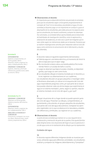 134 Programa de Estudio / 2º básico 
! Observaciones al docente: 
Es importante que se desarrolle de forma secuenciada la actividad, 
para que los estudiantes vayan construyendo progresivamente el 
concepto de “ciclo” en la naturaleza, asociándolo al agua. En esta 
actividad, el docente juega un rol importante en conducir o guiar el 
desempeño de los estudiantes, pero debe procurar los espacios para 
que los estudiantes, de manera autónoma, cumplan los desempe-ños 
solicitados. La actividad ofrece oportunidades para el desarrollo 
de habilidades de investigación científica, como la exploración y 
observación de evidencias, en este caso a partir de imágenes que le 
sean útiles según las indicaciones dadas por el docente. Fomenta que 
se realicen investigaciones sencillas pero relevantes sobre el ciclo del 
agua, como asimismo la comunicación de la información y resulta-dos 
obtenidos. 
8 
El docente realiza el siguiente experimento demostrativo: 
a Calienta agua en una tetera eléctrica y al momento de hervir le 
abre la tapa para que el vapor salga. 
b Por encima de la tetera ubica una botella plástica fría (conte-niendo 
hielo) o un azulejo de baño o cocina. 
c Luego se observan que bajo el azulejo o botella, se depositan 
gotitas, que luego se caen como lluvia. 
d Los estudiantes dibujan el sistema montado por el docente y a 
la vez registran sus observaciones en sus cuadernos. 
Los estudiantes discuten en grupos pequeños e investigan sobre 
el fenómeno observado y lo ubican en el esquema del ciclo del 
agua respondiendo preguntas como ¿en qué parte de la natura-leza 
puedes observar cada una de las etapas que experimenta el 
agua en el sistema montado?, ¿tiene, según tu opinión, relación 
el sistema montado con el ciclo del agua? y ¿por qué? 
9 
Dibujan situaciones de su hogar donde se puede apreciar parte 
del ciclo del agua. Presentan sus dibujos, compartiéndolos, ar-gumentando 
y discutiendo, en grupos pequeños de estudiantes, 
qué partes del ciclo del agua descubrieron. Comparan los ejem-plos 
registrados con lo que se observa en la naturaleza y estable-cen 
diferencias y similitudes. Las registran en sus cuadernos. 
! Observaciones al docente: 
La parte de esta actividad que realizan en su casa requerirá de la 
colaboración y orientación de parte de los padres. Esta ayuda familiar 
debe dirigirse tanto a las situaciones del hogar en que se aprecia el ci-clo 
del agua como en la realización de los dibujos que las representen. 
Cuidados del agua 
10 
El docente expone diferentes imágenes donde se muestran per-sonas 
utilizando agua para diferentes actividades. Los estudiantes 
analizan y comparan las imágenes detenidamente y “completan” 
Actividad 8 
EXPERIMENTAR 
Explorar y experimentar, en 
forma guiada. (OA b) 
Observar, medir y registrar los 
datos cuidadosamente. (OA c) 
OBSERVAR Y COMUNICAR 
Explorar, observar y formular 
inferencias y predicciones sobre 
el entorno. (OA a) 
Actividades 9 y 10 
OBSERVAR Y COMUNICAR 
Observar, en forma guiada, 
objetos y eventos del entorno. 
(OA a) 
EXPERIMENTAR 
Observar, medir y registrar da-tos 
cuidadosamente. (OA c) 
ANALIZAR LA EVIDENCIA Y 
COMUNICAR 
Comunicar y comparar con otros 
sus ideas, observaciones, medi-ciones 
y experiencias. (OA e) 
 