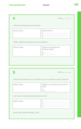 Ciencias Naturales Anexos 161 
4 Fecha: / / 
› Observa los costados externos de la lata. 
Dibujo rotulado ¿Qué observas? 
› Mide y registra la temperatura durante la agitación. 
Dibujo rotulado Registro de la temperatura 
(número/unidad) 
Tº = 
5 Fecha: / / 
› Identifica la temperatura en el momento en que se humedece la lata en el exterior. 
Dibujo rotulado Registro de la temperatura (número/uni-dad) 
Tº = 
› ¿Por qué se humedeció la parte externa de la lata? 
Dibujo rotulado 
¿Existió algún cambio de estado?, ¿cuál? 
 
