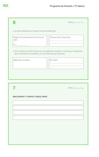 162 Programa de Estudio / 2º básico 
6 Fecha: / / 
› ¿A qué temperatura se registró la lata humedecida? 
Registro de la temperatura (número/uni-dad) 
Tº = 
Observaciones importantes 
› Con los datos y la información que has registrado, prepara un informe y/o exposición 
para comunicar los resultados y las conclusiones que obtuviste. 
Materiales necesarios No olvidar 
7 Fecha: / / 
BIBLIOGRAFÍA Y FUENTES CONSULTADAS 
 