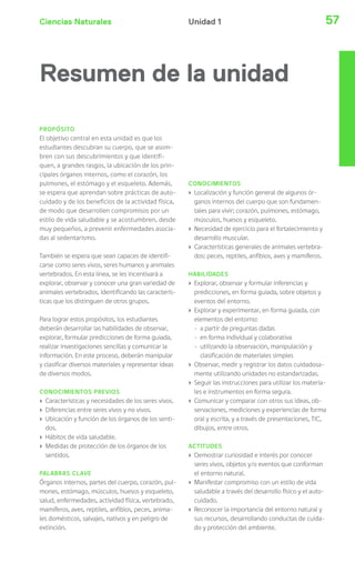 Ciencias Naturales Unidad 1 57 
Resumen de la unidad 
PROPÓSITO 
El objetivo central en esta unidad es que los 
estudiantes descubran su cuerpo, que se asom-bren 
con sus descubrimientos y que identifi-quen, 
a grandes rasgos, la ubicación de los prin-cipales 
órganos internos, como el corazón, los 
pulmones, el estómago y el esqueleto. Además, 
se espera que aprendan sobre prácticas de auto-cuidado 
y de los beneficios de la actividad física, 
de modo que desarrollen compromisos por un 
estilo de vida saludable y se acostumbren, desde 
muy pequeños, a prevenir enfermedades asocia-das 
al sedentarismo. 
También se espera que sean capaces de identifi-carse 
como seres vivos, seres humanos y animales 
vertebrados. En esta línea, se les incentivará a 
explorar, observar y conocer una gran variedad de 
animales vertebrados, identificando las caracterís-ticas 
que los distinguen de otros grupos. 
Para lograr estos propósitos, los estudiantes 
deberán desarrollar las habilidades de observar, 
explorar, formular predicciones de forma guiada, 
realizar investigaciones sencillas y comunicar la 
información. En este proceso, deberán manipular 
y clasificar diversos materiales y representar ideas 
de diversos modos. 
CONOCIMIENTOS PREVIOS 
› Características y necesidades de los seres vivos. 
› Diferencias entre seres vivos y no vivos. 
› Ubicación y función de los órganos de los senti-dos. 
› Hábitos de vida saludable. 
› Medidas de protección de los órganos de los 
sentidos. 
PALABRAS CLAVE 
Órganos internos, partes del cuerpo, corazón, pul-mones, 
estómago, músculos, huesos y esqueleto, 
salud, enfermedades, actividad física, vertebrado, 
mamíferos, aves, reptiles, anfibios, peces, anima-les 
domésticos, salvajes, nativos y en peligro de 
extinción. 
CONOCIMIENTOS 
› Localización y función general de algunos ór-ganos 
internos del cuerpo que son fundamen-tales 
para vivir; corazón, pulmones, estómago, 
músculos, huesos y esqueleto. 
› Necesidad de ejercicio para el fortalecimiento y 
desarrollo muscular. 
› Características generales de animales vertebra-dos: 
peces, reptiles, anfibios, aves y mamíferos. 
HABILIDADES 
› Explorar, observar y formular inferencias y 
predicciones, en forma guiada, sobre objetos y 
eventos del entorno. 
› Explorar y experimentar, en forma guiada, con 
elementos del entorno: 
- a partir de preguntas dadas 
- en forma individual y colaborativa 
- utilizando la observación, manipulación y 
clasificación de materiales simples 
› Observar, medir y registrar los datos cuidadosa-mente 
utilizando unidades no estandarizadas. 
› Seguir las instrucciones para utilizar los materia-les 
e instrumentos en forma segura. 
› Comunicar y comparar con otros sus ideas, ob-servaciones, 
mediciones y experiencias de forma 
oral y escrita, y a través de presentaciones, TIC, 
dibujos, entre otros. 
ACTITUDES 
› Demostrar curiosidad e interés por conocer 
seres vivos, objetos y/o eventos que conforman 
el entorno natural. 
› Manifestar compromiso con un estilo de vida 
saludable a través del desarrollo físico y el auto-cuidado. 
› Reconocer la importancia del entorno natural y 
sus recursos, desarrollando conductas de cuida-do 
y protección del ambiente. 
 