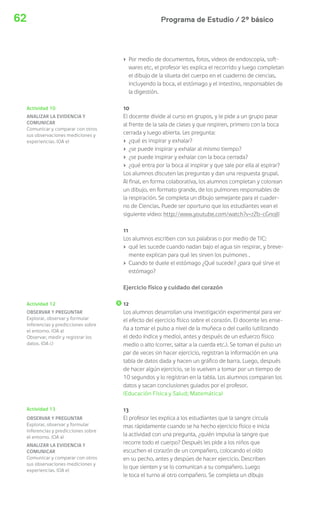 62 Programa de Estudio / 2º básico 
› Por medio de documentos, fotos, videos de endoscopia, soft-wares 
etc, el profesor les explica el recorrido y luego completan 
el dibujo de la silueta del cuerpo en el cuaderno de ciencias, 
incluyendo la boca, el estómago y el intestino, responsables de 
la digestión. 
10 
El docente divide al curso en grupos, y le pide a un grupo pasar 
al frente de la sala de clases y que respiren, primero con la boca 
cerrada y luego abierta. Les pregunta: 
› ¿qué es inspirar y exhalar? 
› ¿se puede inspirar y exhalar al mismo tiempo? 
› ¿se puede inspirar y exhalar con la boca cerrada? 
› ¿qué entra por la boca al inspirar y que sale por ella al espirar? 
Los alumnos discuten las preguntas y dan una respuesta grupal. 
Al final, en forma colaborativa, los alumnos completan y colorean 
un dibujo, en formato grande, de los pulmones responsables de 
la respiración. Se completa un dibujo semejante para el cuader-no 
de Ciencias. Puede ser oportuno que los estudiantes vean el 
siguiente video: http://www.youtube.com/watch?v=zZb-cGnojlI 
11 
Los alumnos escriben con sus palabras o por medio de TIC: 
› qué les sucede cuando nadan bajo el agua sin respirar, y breve-mente 
explican para qué les sirven los pulmones . 
› Cuando te duele el estómago ¿Qué sucede? ¿para qué sirve el 
estómago? 
Ejercicio físico y cuidado del corazón 
12 
Los alumnos desarrollan una investigación experimental para ver 
el efecto del ejercicio físico sobre el corazón. El docente les ense-ña 
a tomar el pulso a nivel de la muñeca o del cuello (utilizando 
el dedo índice y medio), antes y después de un esfuerzo físico 
medio o alto (correr, saltar a la cuerda etc.). Se toman el pulso un 
par de veces sin hacer ejercicio, registran la información en una 
tabla de datos dada y hacen un gráfico de barra. Luego, después 
de hacer algún ejercicio, se lo vuelven a tomar por un tiempo de 
10 segundos y lo registran en la tabla. Los alumnos comparan los 
datos y sacan conclusiones guiados por el profesor. 
(Educación Física y Salud; Matemática) 
13 
El profesor les explica a los estudiantes que la sangre circula 
mas rápidamente cuando se ha hecho ejercicio físico e inicia 
la actividad con una pregunta, ¿quién impulsa la sangre que 
recorre todo el cuerpo? Después les pide a los niños que 
escuchen el corazón de un compañero, colocando el oído 
en su pecho, antes y despúes de hacer ejercicio. Describen 
lo que sienten y se lo comunican a su compañero. Luego 
le toca el turno al otro compañero. Se completa un dibujo 
Actividad 10 
ANALIZAR LA EVIDENCIA Y 
COMUNICAR 
Comunicar y comparar con otros 
sus observaciones mediciones y 
experiencias. (OA e) 
Actividad 12 
OBSERVAR Y PREGUNTAR 
Explorar, observar y formular 
inferencias y predicciones sobre 
el entorno. (OA a) 
Observar, medir y registrar los 
datos. (OA c) 
Actividad 13 
OBSERVAR Y PREGUNTAR 
Explorar, observar y formular 
inferencias y predicciones sobre 
el entorno. (OA a) 
ANALIZAR LA EVIDENCIA Y 
COMUNICAR 
Comunicar y comparar con otros 
sus observaciones mediciones y 
experiencias. (OA e) 
 