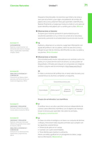 Ciencias Naturales Unidad 1 71 
Actividad 19 
EXPERIMENTAR 
Explorar y experimentar con 
elementos del entorno manipu-lado 
y clasificando materiales 
simples. (OA b) 
Actividad 20 
ANALIZAR LA EVIDENCIA Y 
COMUNICAR 
Comunicar sus ideas y obser-vaciones, 
de forma escrita, y a 
través de diagramas. (OA e) 
Actividad 21 
OBSERVAR Y PREGUNTAR 
Formular inferencias y predic-ciones 
sobre el entorno. (OA a) 
Actividad 22 
OBSERVAR Y PREGUNTAR 
Explorar, observar y formular 
inferencias y predicciones sobre 
el entorno. (OA a) 
ANALIZAR LA EVIDENCIA Y 
COMUNICAR 
Comunicar sus observaciones 
mediciones y experiencias. 
(OA e) 
Después el docente pide a los alumnos que imiten a las ranas y 
aves que escucharon y que oigan una grabación de sonidos de 
pájaros de la zona y observen fotos para aprender a identificarlos. 
Realizan finalmente un juego que involucre a todo el curso para ver 
quien identifica más pájaros por su sonido y por su foto. (Música) 
! Observaciones al docente: 
Se espera que el docente aproveche la oportunidad de que los 
estudiantes aprendan a oír y a imitar los sonidos de la naturaleza, 
apreciando y valorando la actividad desde el punto de vista musical. 
19 
Exploran y observan en su entorno. Luego leen información con 
ayuda del profesor o de sus padres, sobre las aves de la zona y 
dibujan la que más les interesa, identificando sus alas, sus patas y 
sus plumas. (Artes Visuales) 
! Observaciones al docente: 
Esta actividad puede resultar adecuada para ser realizada, junto a los 
padres, en un paseo familiar de fin de semana. Las aves pueden ser 
fotografiadas o filmadas para después ser comparadas con imágenes 
de libros o páginas web de entomología. http://www.aveschile.cl/ 
20 
En base a una lectura del profesor de un texto sobre las aves y sus 
características los alumnos completan un esquema. 
Características de las aves 
Extremidades ¿Cómo nacen? ¿Cómo se 
desplazan? 
¿Cómo es su 
cubierta? 
Grupos de vertebrados: Los mamíferos 
21 
El profesor lee en voz alta o permite la lectura independiente de 
cuentos sobre diferentes mamíferos con el objetivo de interesar-los 
por la lectura y por aprender más sobre los animales. 
(Lenguaje y comunicación) 
22 
En base a la visita al zoológico o en base a un conjunto de láminas 
o dibujos, mencionan todos aquellos animales que cumplen con 
las siguientes características: 
› Presencia de pelos en el cuerpo. 
› Cuentan con cuatro extremidades. 
› Tiene dientes para masticar su alimento. 
Hacen una tabla y grafican en un pictograma los datos. Luego 
leen la información. (Matemática) 
 