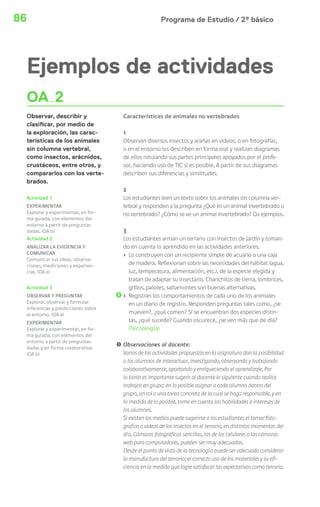 86 Programa de Estudio / 2º básico 
Ejemplos de actividades 
OA 2 
Observar, describir y 
clasi car, por medio de 
la exploración, las carac-terísticas 
de los animales 
sin columna vertebral, 
como insectos, arácnidos, 
crustáceos, entre otros, y 
compararlos con los verte-brados. 
Características de animales no vertebrados 
1 
Observan diversos insectos y arañas en videos, o en fotografías, 
o en el entorno los describen en forma oral y realizan diagramas 
de ellos rotulando sus partes principales apoyados por el profe-sor, 
haciendo uso de TIC si es posible. A partir de sus diagramas 
describen sus diferencias y similitudes. 
2 
Los estudiantes leen un texto sobre los animales sin columna ver-tebral 
y responden a la pregunta ¿Qué es un animal invertebrado o 
no vertebrado? ¿Cómo se ve un animal invertebrado? Da ejemplos. 
3 
Los estudiantes arman un terrario con insectos de jardín y toman-do 
en cuenta lo aprendido en las actividades anteriores. 
› Lo construyen con un recipiente simple de acuario o una caja 
de madera. Reflexionan sobre las necesidades del hábitat (agua, 
luz, temperatura, alimentación, etc.), de la especie elegida y 
tratan de adaptar su insectario. Chanchitos de tierra, lombrices, 
grillos, palotes, saltamontes son buenas alternativas. 
› Registran los comportamientos de cada uno de los animales 
en un diario de registro. Responden preguntas tales como, ¿se 
mueven?, ¿qué comen? Si se encuentran dos especies distin-tas, 
¿qué sucede? Cuando oscurece, ¿se ven más que de día? 
(Tecnología) 
! Observaciones al docente: 
Varias de las actividades propuestas en la asignatura dan la posibilidad 
a los alumnos de interactuar, investigando, observando y trabajando 
colaborativamente, aportando y enriqueciendo el aprendizaje. Por 
lo tanto es importante sugerir al docente lo siguiente cuando realice 
trabajos en grupo: en lo posible asignar a cada alumno dentro del 
grupo, un rol o una tarea concreta de la cual se haga responsable, y en 
la medida de lo posible, tome en cuenta las habilidades e intereses de 
los alumnos. 
Si existen los medios puede sugerirse a los estudiantes el tomar foto-grafías 
o videos de los insectos en el terrario, en distintos momentos del 
día. Cámaras fotográficas sencillas, las de los celulares o las cámaras 
web para computadores, pueden ser muy adecuadas. 
Desde el punto de vista de la tecnología puede ser adecuado considerar 
la manufactura del terrario; el correcto uso de los materiales y su efi-ciencia 
en la medida que logre satisfacer las expectativas como terrario. 
Actividad 1 
EXPERIMENTAR 
Explorar y experimentar, en for-ma 
guiada, con elementos del 
entorno a partir de preguntas 
dadas. (OA b) 
Actividad 2 
ANALIZAR LA EVIDENCIA Y 
COMUNICAR 
Comunicar sus ideas, observa-ciones, 
mediciones y experien-cias. 
(OA e) 
Actividad 3 
OBSERVAR Y PREGUNTAR 
Explorar, observar y formular 
inferencias y predicciones sobre 
el entorno. (OA a) 
EXPERIMENTAR 
Explorar y experimentar, en for-ma 
guiada, con elementos del 
entorno a partir de preguntas 
dadas y en forma colaborativa. 
(OA b) 
 