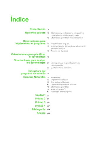 Índice 
Presentación 8 
Nociones básicas 10 
12 
Objetivos de Aprendizaje como integración de 
conocimientos, habilidades y actitudes 
Objetivos de Aprendizaje Transversales (OAT) 
Orientaciones para 
implementar el programa 13 
15 
16 
Importancia del lenguaje 
Importancia de las Tecnologías de la Información 
y Comunicación (TIC) 
Atención a la diversidad 
Orientaciones para plani car 
el aprendizaje 18 
Orientaciones para evaluar 
los aprendizajes 21 
22 
¿Cómo promover el aprendizaje a través 
de la evaluación? 
¿Cómo diseñar la evaluación? 
Estructura del 
programa de estudio 24 
Ciencias Naturales 30 
32 
39 
43 
46 
50 
52 
Introducción 
Organización curricular 
Orientaciones didácticas 
La evaluación en Ciencias Naturales 
Objetivos de Aprendizaje 
Visión global del año 
Habilidades de investigación 
Unidad 1 55 
Unidad 2 81 
Unidad 3 101 
Unidad 4 127 
Bibliografía 149 
Anexos 155 
 