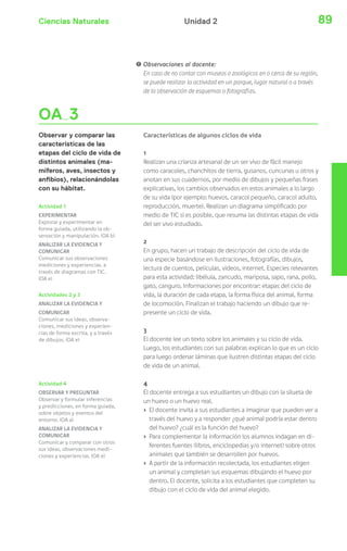 Ciencias Naturales Unidad 2 89 
OA 3 
Observar y comparar las 
características de las 
etapas del ciclo de vida de 
distintos animales (ma-míferos, 
aves, insectos y 
an bios), relacionándolas 
con su hábitat. 
Actividad 1 
EXPERIMENTAR 
Explorar y experimentar en 
forma guiada, utilizando la ob-servación 
y manipulación. (OA b) 
ANALIZAR LA EVIDENCIA Y 
COMUNICAR 
Comunicar sus observaciones 
mediciones y experiencias. a 
través de diagramas con TIC. 
(OA e) 
Actividades 2 y 3 
ANALIZAR LA EVIDENCIA Y 
COMUNICAR 
Comunicar sus ideas, observa-ciones, 
mediciones y experien-cias 
de forma escrita, y a través 
de dibujos. (OA e) 
Actividad 4 
OBSERVAR Y PREGUNTAR 
Observar y formular inferencias 
y predicciones, en forma guiada, 
sobre objetos y eventos del 
entorno. (OA a) 
ANALIZAR LA EVIDENCIA Y 
COMUNICAR 
Comunicar y comparar con otros 
sus ideas, observaciones medi-ciones 
y experiencias. (OA e) 
! Observaciones al docente: 
En caso de no contar con museos o zoológicos en o cerca de su región, 
se puede realizar la actividad en un parque, lugar natural o a través 
de la observación de esquemas o fotografías. 
Características de algunos ciclos de vida 
1 
Realizan una crianza artesanal de un ser vivo de fácil manejo 
como caracoles, chanchitos de tierra, gusanos, cuncunas u otros y 
anotan en sus cuadernos, por medio de dibujos y pequeñas frases 
explicativas, los cambios observados en estos animales a lo largo 
de su vida (por ejemplo: huevos, caracol pequeño, caracol adulto, 
reproducción, muerte). Realizan un diagrama simplificado por 
medio de TIC si es posible, que resuma las distintas etapas de vida 
del ser vivo estudiado. 
2 
En grupo, hacen un trabajo de descripción del ciclo de vida de 
una especie basándose en ilustraciones, fotografías, dibujos, 
lectura de cuentos, películas, videos, internet. Especies relevantes 
para esta actividad: libélula, zancudo, mariposa, sapo, rana, pollo, 
gato, canguro. Informaciones por encontrar: etapas del ciclo de 
vida, la duración de cada etapa, la forma física del animal, forma 
de locomoción. Finalizan el trabajo haciendo un dibujo que re-presente 
un ciclo de vida. 
3 
El docente lee un texto sobre los animales y su ciclo de vida. 
Luego, los estudiantes con sus palabras explican lo que es un ciclo 
para luego ordenar láminas que ilustren distintas etapas del ciclo 
de vida de un animal. 
4 
El docente entrega a sus estudiantes un dibujo con la silueta de 
un huevo o un huevo real. 
› El docente invita a sus estudiantes a imaginar que pueden ver a 
través del huevo y a responder ¿qué animal podría estar dentro 
del huevo? ¿cuál es la función del huevo? 
› Para complementar la información los alumnos indagan en di-ferentes 
fuentes (libros, enciclopedias y/o internet) sobre otros 
animales que también se desarrollen por huevos. 
› A partir de la información recolectada, los estudiantes eligen 
un animal y completan sus esquemas dibujando el huevo por 
dentro. El docente, solicita a los estudiantes que completen su 
dibujo con el ciclo de vida del animal elegido. 
 