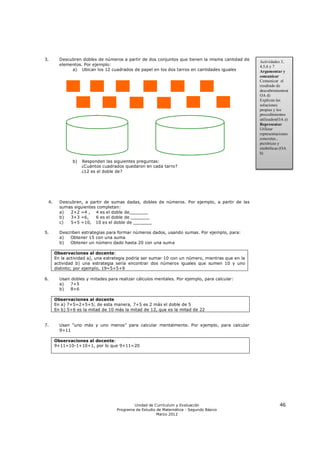 3.      Descubren dobles de números a partir de dos conjuntos que tienen la misma cantidad de
                                                                                                 Actividades 3,
        elementos. Por ejemplo:                                                                  4,5,6 y 7
             a) Ubican los 12 cuadrados de papel en los dos tarros en cantidades iguales         Argumentar y
                                                                                                 comunicar
                                                                                                 Comunicar el
                                                                                                 resultado de
                                                                                                 descubrimientos(
                                                                                                 OA d)
                                                                                                 Explican las
                                                                                                 soluciones
                                                                                                 propias y los
                                                                                                 procedimientos
                                                                                                 utilizados(OA e)
                                                                                                 Representar
                                                                                                 Utilizar
                                                                                                 representaciones
                                                                                                 concretas ,
                                                                                                 pictóricas y
                                                                                                 simbólicas (OA
                                                                                                 h)

              b)   Responden las siguientes preguntas:
                   ¿Cuántos cuadrados quedaron en cada tarro?
                   ¿12 es el doble de?




 4.     Descubren, a partir de sumas dadas, dobles de números. Por ejemplo, a partir de las
        sumas siguientes completan:
        a)   2+2 =4 , 4 es el doble de_______
        b)   3+3 =6,    6 es el doble de _______
        c)   5+5 =10, 10 es el doble de _______

5.      Describen estrategias para formar números dados, usando sumas. Por ejemplo, para:
        a)   Obtener 15 con una suma
        b)   Obtener un número dado hasta 20 con una suma

      Observaciones al docente:
      En la actividad a), una estrategia podría ser sumar 10 con un número, mientras que en la
      actividad b) una estrategia sería encontrar dos números iguales que sumen 10 y uno
      distinto; por ejemplo, 19=5+5+9

6.      Usan dobles y mitades para realizar cálculos mentales. Por ejemplo, para calcular:
        a)   7+5
        b)   8+6

      Observaciones al docente
      En a) 7+5=2+5+5; de esta manera, 7+5 es 2 más el doble de 5
      En b) 5+6 es la mitad de 10 más la mitad de 12, que es la mitad de 22


7.      Usan “uno más y uno menos” para calcular mentalmente. Por ejemplo, para calcular
        9+11

      Observaciones al docente:
      9+11=10-1+10+1, por lo que 9+11=20




                                           Unidad de Currículum y Evaluación                                46
                                   Programa de Estudio de Matemática - Segundo Básico
                                                       Marzo 2012
 