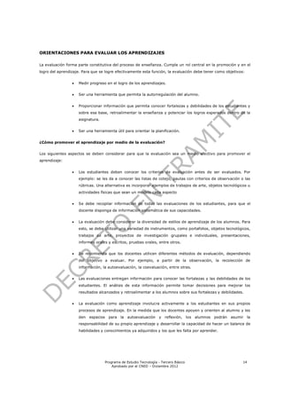 ORIENTACIONES PARA EVALUAR LOS APRENDIZAJES

La evaluación forma parte constitutiva del proceso de enseñanza. Cumple un rol central en la promoción y en el
logro del aprendizaje. Para que se logre efectivamente esta función, la evaluación debe tener como objetivos:


                    Medir progreso en el logro de los aprendizajes.


                    Ser una herramienta que permita la autorregulación del alumno.


                    Proporcionar información que permita conocer fortalezas y debilidades de los estudiantes y
                     sobre esa base, retroalimentar la enseñanza y potenciar los logros esperados dentro de la
                     asignatura.


                    Ser una herramienta útil para orientar la planificación.


¿Cómo promover el aprendizaje por medio de la evaluación?


Los siguientes aspectos se deben considerar para que la evaluación sea un medio efectivo para promover el
aprendizaje:


                    Los estudiantes deben conocer los criterios de evaluación antes de ser evaluados. Por
                     ejemplo: se les da a conocer las listas de cotejo, pautas con criterios de observación o las
                     rúbricas. Una alternativa es incorporar ejemplos de trabajos de arte, objetos tecnológicos u
                     actividades físicas que sean un modelo cada aspecto


                    Se debe recopilar información de todas las evaluaciones de los estudiantes, para que el
                     docente disponga de información sistemática de sus capacidades.


                    La evaluación debe considerar la diversidad de estilos de aprendizaje de los alumnos. Para
                     esto, se debe utilizar una variedad de instrumentos, como portafolios, objetos tecnológicos,
                     trabajos de arte, proyectos de investigación grupales e individuales, presentaciones,
                     informes orales y escritos, pruebas orales, entre otros.


                    Se recomienda que los docentes utilicen diferentes métodos de evaluación, dependiendo
                     del objetivo a evaluar. Por ejemplo, a partir de la observación, la recolección de
                     información, la autoevaluación, la coevaluación, entre otras.


                    Las evaluaciones entregan información para conocer las fortalezas y las debilidades de los
                     estudiantes. El análisis de esta información permite tomar decisiones para mejorar los
                     resultados alcanzados y retroalimentar a los alumnos sobre sus fortalezas y debilidades.


                    La evaluación como aprendizaje involucra activamente a los estudiantes en sus propios
                     procesos de aprendizaje. En la medida que los docentes apoyen y orienten al alumno y les
                     den   espacios     para la autoevaluación       y reflexión, los   alumnos   podrán   asumir    la
                     responsabilidad de su propio aprendizaje y desarrollar la capacidad de hacer un balance de
                     habilidades y conocimientos ya adquiridos y los que les falta por aprender.




                                      Programa de Estudio Tecnología - Tercero Básico                           14
                                          Aprobado por el CNED – Diciembre 2012
 