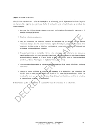 ¿Cómo diseñar la evaluación?


La evaluación debe diseñarse a partir de los Objetivos de Aprendizaje, con el objeto de observar en qué grado
se alcanzan. Para lograrlo, se recomienda diseñar la evaluación junto a la planificación y considerar los
siguientes pasos:


       1. Identificar los Objetivos de Aprendizaje prescritos y los indicadores de evaluación sugeridos en el
            presente programa de estudio.


       2. Establecer criterios de evaluación.


       3.   Para su formulación, es necesario comparar las respuestas de los alumnos con las mejores
            respuestas (trabajos de arte, obras musicales, objetos tecnológicos, actividades físicas) de otros
            estudiantes de edad similar o identificar respuestas de evaluaciones previamente realizadas que
            expresen el nivel de desempeño esperado.


       4. Antes de la actividad de evaluación, informar a los estudiantes sobre los criterios con los que su
            trabajo será evaluado. Para esto, se pueden proporcionar ejemplos o modelos de los niveles deseados
            de rendimiento (un ejemplo de un buen trabajo de arte, una actividad física de calentamiento bien
            ejecutada, un diseño eficiente para un objeto tecnológico, entre otros).


       5. Usar instrumentos adecuados de evaluación y métodos basados en el trabajo particular y grupal de
            los alumnos.


       6. Dedicar un tiempo razonable a comunicar los resultados de la evaluación a los estudiantes. Se
            requiere crear un clima adecuado para que el alumno se vea estimulado a identificar sus errores y a
            considerarlos como una oportunidad de aprendizaje (si es una evaluación de rendimiento sumativa,
            se puede informar también a los apoderados).


El docente debe ajustar su planificación de acuerdo a los logros de aprendizaje de los estudiantes.




                                    Programa de Estudio Tecnología - Tercero Básico                        15
                                        Aprobado por el CNED – Diciembre 2012
 