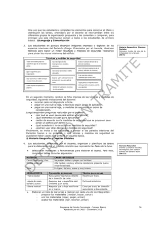Una vez que los estudiantes completan los elementos para construir el títere y
          distribuyen las tareas, orientados por el docente se intercambian entre los
          diferentes grupos la organización propuesta y las comentan y comparan, para
          entregar una sola información común a todos a los estudiantes de primero
          básico. ®Lenguaje y Comunicación

3.        Los estudiantes en parejas observan imágenes impresas o digitales de los
                                                                                                                    Historia Geografía y Ciencias
          espacios interiores del Partenón Griego. Orientados por el docente, observan                              Sociales
          técnicas para lograr un mejor resultado y medidas de seguridad necesarias                                 Comparar modos de vida de la
          para pintar los muros interiores del edificio.                                                            Antigüedad con el propio.
                                                                                                                    (OA 4)

                                     Técnicas y medidas de seguridad
     Tapar con masking tape las            Sacar las tapas de los             Evitar el contacto directo de la
     superficies que no se necesitan       interruptores o enchufes           piel con la pintura.
     pintar.                               eléctricos.
                                                                              Leer la forma de aplicación de la
                                           Seleccionar la brocha o rodillo    pintura, indicada en el envase.
     Lijar la superficie para
                                           adecuado.
     emparejarla.
                                                                              Si se usan dos colores,
                                           Esperar que la primera mano de     comenzar por el más claro.
     Usar la brocha o rodillo siempre
                                           pintura esté seca para aplicar
     en una misma dirección.
                                           otras.                             Tapar grietas o imperfecciones
     Cubrir el piso con plástico o                                            de las paredes con pasta usando
     papeles.                               Ventilar la habitación mientras   una espátula.
                                            se esté pintando.




     En un segundo momento, reciben la ficha impresa de las técnicas y medidas de
     seguridad, siguiendo indicaciones del docente:
          recortar cada rectángulo de la ficha.
          pegar en una nueva hoja, la técnicas según pasos de aplicación.
          pegar en una nueva hoja, la medidas de seguridad en orden de
             consideración.
     Luego responden preguntas realizadas por el profesor:
            ¿por qué se usan pasos para aplicar una técnica?
            ¿qué elementos se usan para aplicarlas?
            ¿están de acuerdo con la medidas de seguridad que se proponen para
             pintar un edificio por dentro?
            ¿qué sucedería si no se utilizaran medidas de seguridad?
            ¿podrían usar otras técnicas o medidas de seguridad?
     Finalmente, se invita a los estudiates a pensar si las paredes interiores del
     Partenón fueron o no pintadas, y qué téncias y medidas de seguridad se
     puedieron haber usado para pintarla en aquella época.
     ® Historia Geografía y Ciencias Sociales

4.        Los estudiantes, orientados por el docente, organizan y planifican las tareas
          para la elaboración de un modelo concreto que represente las fases de la luna.                            Ciencias Naturales
                                                                                                                    Diseñar y construir modelos
                                                                                                                    tecnológicos para explicar
             seleccionan materiales y herramientas para elaborar el objeto. Para esto,                             eventos del Sistema Solar.
              completan tablas como las siguientes:                                                                 (OA 13)

     MATERIAL                                 CARACTERÍSTICAS
     Cartón corrugado 1 faz.                  Se pueden doblar o plegar con facilidad.
     Pelotas plásticas                        Alta rigidez y dureza, altísima resistencia, presenta buena
                                              impermeabilidad.
     Telas                                    Es ligera, de lana, suave y muy liviana.

     HERRAMIENTA                        Prevención en sus uso                       Técnica para su uso
     -Tijera escolar                    Nunca poner las manos delante               Recorte por trazo.
                                        de la dirección de corte.
     -Aguja de coser,                   Asegurar que la superficie esté             Perforado simétrico
     bordar y zurcir.                   uniforme y sin poros.
     -Sierra manual                     Asegurar que la hoja esté firme             Corte por trazo, en dirección
                                        en el marco.                                ascendente y descendente.
             Elaboran un lista de las tareas a realizar por cada uno de los integrantes:
                  -   preparar los materiales ( mediar, trazar, cortar)
                  -   unir los materiales (coser, pegar, armar)
                  -   acabar los materiales (lijar, recortar, pintar)


                                                       Programa de Estudio Tecnología - Tercero Básico                                      50
                                                           Aprobado por el CNED – Diciembre 2012
 
