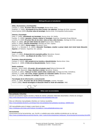 Bibliografía para el estudiante


    Atlas, diccionarios y enciclopedias
    Campos, C. (2006). Mi primer Atlas de Tecnología. Buenos Aires: Visor.
    Grabham, S. (2006). Enciclopedia de los niños Larouss: Las máquinas. Santiago de Chile: Larousse.
    Varios Autores (2005) Mi primer atlas de tecnología. Buenos Aires: Enciclopedias Audiovisuales.

    Ciencia y Tecnología
    Dede, C. (2000). Aprendiendo con tecnología. Buenos Aires: Ed. Paidós.
    Fuentes, A. (2006). Aprender y Ciencia y aplicar la Tecnología. Argentina: Arquetipo Grupo Editorial.
    Levallois, M. (2005) Mi primer libro de los cómo: cómo se hace, cómo funciona… Santiago de Chile: Larousse.
    Mason, A. (2006). ¿De qué están hechas las cosas? Buenos Aires: Albatros.
    Núñez, R. (2005). Ciencias entretenidas. Santiago de Chile: Copesa.
    Robinson, R. (2007). Ciencia mágica. Barcelona: Oniro.
    Ruiz A. C. y Gonzales E. N. (2003). Educación Tecnológica, enseñar a pensar desde nivel inicial hasta Educación
    Superior. (1ª Edición) Argentina: Ed: Laborde.

    Diseño gráfico
    Jové, J. J. (1994). El desarrollo de la expresión gráfica. Barcelona: Horsori.
    Manchón, A. (2009). Los dibujos de los niños. Madrid: Catedra.

    Inventos y descubrimientos
    Campos, C. (2010). 1001 porqués de los inventos y descubrimientos. Buenos Aires: Visor.
    Navarro, V. (2008). El libro de los Descubrimientos. Madrid: Anaya.

    Medio ambiente
    Baussier, Sylvie (2005). Mi mundo: ¿En qué planeta vives? Editorial Ediciones SM
    Gusti (2009). Basurarte. Crear, divertirse y reciclar. Barcelona: Océano.
    Guzmán, A. (2001). Todos por el árbol: nuestro árbol, nuestra casa. Santiago de Chile: Ocholibros.
    Martínez, A. (1998). No lo tires, ¡Juega!: juguetes con materiales usados. Barcelona: Didaco.
    Mason, A. (2006). La basura y el reciclaje. Buenos Aires: Albatros.

    Tecnologías de la información y comunicación
    Parker, S. (2009). Mi primer libro de las últimas tecnologías. Londres: Parragón.
    Tena R. (2006). Nuevas tecnologías en educación infantil el rincón del ordenador. MAD




                                                  Sitios web recomendados

Manualidades Infantiles
Sección que presenta regalos sencillos y fáciles de realizar utilizando materiales desechables o fáciles de conseguir.
http://www.educacioninicial.com/ei/areas/plastica/manualidades/index.asp

Sitio con diferentes manualidades infantiles con motivos navideños.
http://manualidades.facilisimo.com/blogs/mas-manualidades/manualidades-navidenas_559994.html

100 manualidades para el colegio o para hacer en casa.
http://childtopia.com/index.php?module=home&func=manualidades&newlang=spa

Herramientas
Conocimiento de las herramientas, uso, función y cuidados para evitar posibles accidentes por su mal uso.
http://www.juntadeandalucia.es/averroes/ies_mare_nostrum/tecnologia/eso1/webquest_herramientas/herramientas.htm#M5




                                          Programa de Estudio Tecnología - Tercero Básico                                71
                                              Aprobado por el CNED – Diciembre 2012
 