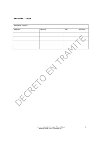 MATERIALES Y COSTOS




Nombre del Proyecto:


Materiales                  Cantidad                                Costo   Proveedor




                       Programa de Estudio Tecnología - Tercero Básico              88
                           Aprobado por el CNED – Diciembre 2012
 