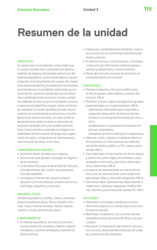 Ciencias Naturales 115Unidad 3
PROPÓSITO
Se espera que los estudiantes comprendan que
el cuerpo humano está constituido por diversos
sistemas de órganos. Se estudian estructuras del
sistema esquelético, sus funciones básicas y la par-
ticipación en el movimiento del cuerpo. Por medio
de la experimentación y la elaboración de modelos
se pretende que el estudiante comprenda que el
movimiento corporal es provocado por la interac-
ción coordinada entre músculos, huesos y tendo-
nes. Además se procura que el estudiante conozca
y valore la actividad física regular como una forma
de mantener el cuerpo saludable. En este mismo
contexto la unidad aborda la estructura y función
general del sistema nervioso, así como el efecto
del alcoholismo sobre la salud, el desarrollo de
actitudes de protección y de cuidado personal.
Estos conocimientos y actitudes se integran con
habilidades de formulación de preguntas, organi-
zación de datos, comparación de observaciones,
comunicación de ideas, entre otras.
CONOCIMIENTOS PREVIOS
› La función de los sentidos y sus órganos.
› Las acciones que ayudan a proteger los órganos
de los sentidos.
› La actividad física para el desarrollo de músculos
y fortalecimiento del corazón que promueve
una vida saludable.
› Los órganos internos del cuerpo humano:
ubicación y función básicas; corazón, pulmones,
estómago, esqueleto y músculos.
PALABRAS CLAVE
Sistema esquelético, costillas, cráneo, vértebras,
columna vertebral, pelvis, fémur, tendón, mús-
culo, hueso, sistema nervioso, medula espinal,
cerebro, nervios, alcoholismo, salud.
CONOCIMIENTOS
› El sistema esquelético, sus estructuras y fun-
ciones; protección (costillas y cráneo), soporte
(vértebras y columna vertebral) y movimiento
(pelvis y fémur).
› Interacción coordinada entre tendones, múscu-
los y huesos en el movimiento; movimiento de
brazos y piernas.
› El sistema nervioso, sus estructuras y funciones;
conducción de información (médula espinal y
nervios) y elaboración y control (cerebro).
› Efecto del consumo excesivo de alcohol en el
comportamiento y en la salud.
HABILIDADES
› Plantear preguntas y formular predicciones,
en forma guiada, sobre objetos y eventos del
entorno. (OA a)
› Planificar y llevar a cabo investigaciones guiadas
experimentales y no experimentales: (OA b)
- obteniendo información para responder a
preguntas dadas partir de diversas fuentes
- en base a una pregunta formulada por ellos u
otros
- estableciendo un procedimiento previo sim-
ple para responderla
- trabajando de forma individual o colaborativa.
› Observar, medir, registrar y comparar datos en
forma precisa con instrumentos de medición
utilizando tablas y gráficos y TIC cuando corres-
ponda. (OA c)
› Usar materiales e instrumentos en forma segura
y autónoma, como reglas, termómetros, vasos
graduados entre otros, para hacer observacio-
nes y mediciones. (OA d)
› Comparar las observaciones con las prediccio-
nes y usar las observaciones como evidencias
para apoyar ideas y responder preguntas. (OA e)
› Comunicar ideas, explicaciones, observaciones y
mediciones, utilizando diagramas, modelos físi-
cos, informes y presentaciones usando TIC. (OA f)
ACTITUDES
› Demostrar curiosidad e interés por conocer
seres vivos, objetos y/o eventos que conforman
el entorno natural.
› Manifestar compromiso con un estilo de vida
saludable a través del desarrollo físico y el auto-
cuidado.
› Reconocer la importancia del entorno natural y
sus recursos, desarrollando conductas de cuida-
do y protección del ambiente.
Resumen de la unidad
 