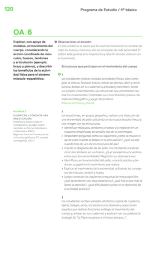 Programa de Estudio / 4º básico120
OA 6
Explicar, con apoyo de
modelos, el movimiento del
cuerpo, considerando la
acción coordinada de mús-
culos, huesos, tendones
y articulación (ejemplo:
brazo y pierna), y describir
los beneficios de la activi-
dad física para el sistema
músculo-esquelético.
Observaciones al docente:
En esta unidad no se espera que los alumnos memoricen los nombres de
todos los huesos y músculos, sólo los principales de cada extremidad. El
énfasis debe ponerse en la importancia y relación de estos sistemas con
el movimiento.
Estructuras que participan en el movimiento del cuerpo
1
Los estudiantes realizan variadas actividades físicas, tales como
girar la cintura, flexionar brazos, estirar las piernas, abrir y cerrar
la boca. Anotan en su cuaderno la actividad y describen, desde
sus propios conocimientos, las estructuras que permitieron rea-
lizar los movimientos. Contrastan sus conocimientos previos con
material bibliográfico y apoyo del profesor.
(Educación Física y Salud)
2
Los estudiantes, en grupos pequeños, realizan una disección de
una extremidad de pollo utilizando un ala o pata de pollo fresca y
una imagen con las estructuras.
› Identifican músculos, tendones y huesos y lo registran en un
esquema simplificado de tamaño real de la extremidad.
› Responden preguntas como las siguientes: ¿cómo se mueve el
ala de pollo cuando la doblas en la articulación?, ¿qué sucede
cuando tiras de uno de los músculos del ala?
› Usando el diagrama del ala de pollo, los estudiantes localizan
músculos similares en sus brazos. ¿Qué semejanzas encuentran
entre esas dos extremidades? Registran sus observaciones
› Identifican, en la extremidad del pollo, una articulación y de-
ducen su papel en el movimiento que realiza.
› Explican el movimiento de la extremidad utilizando los concep-
tos de músculo, tendón y hueso.
› Luego contestan las siguientes preguntas de metacognición:
¿qué aprendieron con esta experiencia?, ¿qué fue lo que más te
llamó la atención?, ¿qué dificultades tuviste en el desarrollo de
la actividad práctica?
3
Los estudiantes reciben variados artefactos: espiral de cuaderno,
tijeras, bisagra, pinza. Los alumnos los observan y seleccionan
aquellos que realizan funciones análogas al movimiento del
cuerpo y, anotan en sus cuadernos y explican con sus palabras la
analogía. Ej: “La Tijera se parece a mi brazo porque…”.
!
Actividad 2
PLANIFICAR Y CONDUCIR UNA
INVESTIGACIÓN
Planificar y llevar a cabo in-
vestigaciones guiadas experi-
mentales en forma individual o
colaborativa. (OA b)
Registrar datos en forma precisa
utilizando gráficos y TIC cuando
corresponda. (OA c)
 