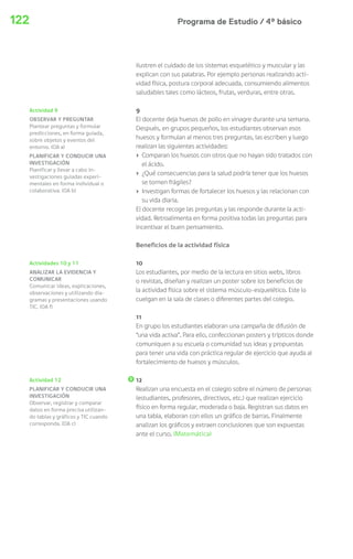 Programa de Estudio / 4º básico122
ilustren el cuidado de los sistemas esquelético y muscular y las
explican con sus palabras. Por ejemplo personas realizando acti-
vidad física, postura corporal adecuada, consumiendo alimentos
saludables tales como lácteos, frutas, verduras, entre otras.
9
El docente deja huesos de pollo en vinagre durante una semana.
Después, en grupos pequeños, los estudiantes observan esos
huesos y formulan al menos tres preguntas, las escriben y luego
realizan las siguientes actividades:
› Comparan los huesos con otros que no hayan sido tratados con
el ácido.
› ¿Qué consecuencias para la salud podría tener que los huesos
se tornen frágiles?
› Investigan formas de fortalecer los huesos y las relacionan con
su vida diaria.
El docente recoge las preguntas y las responde durante la acti-
vidad. Retroalimenta en forma positiva todas las preguntas para
incentivar el buen pensamiento.
Beneficios de la actividad física
10
Los estudiantes, por medio de la lectura en sitios webs, libros
o revistas, diseñan y realizan un poster sobre los beneficios de
la actividad física sobre el sistema músculo-esquelético. Este lo
cuelgan en la sala de clases o diferentes partes del colegio.
11
En grupo los estudiantes elaboran una campaña de difusión de
“una vida activa”. Para ello, confeccionan posters y trípticos donde
comuniquen a su escuela o comunidad sus ideas y propuestas
para tener una vida con práctica regular de ejercicio que ayuda al
fortalecimiento de huesos y músculos.
12
Realizan una encuesta en el colegio sobre el número de personas
(estudiantes, profesores, directivos, etc.) que realizan ejercicio
físico en forma regular, moderada o baja. Registran sus datos en
una tabla, elaboran con ellos un gráfico de barras. Finalmente
analizan los gráficos y extraen conclusiones que son expuestas
ante el curso. (Matemática)
Actividad 9
OBSERVAR Y PREGUNTAR
Plantear preguntas y formular
predicciones, en forma guiada,
sobre objetos y eventos del
entorno. (OA a)
PLANIFICAR Y CONDUCIR UNA
INVESTIGACIÓN
Planificar y llevar a cabo in-
vestigaciones guiadas experi-
mentales en forma individual o
colaborativa. (OA b)
Actividades 10 y 11
ANALIZAR LA EVIDENCIA Y
COMUNICAR
Comunicar ideas, explicaciones,
observaciones y utilizando dia-
gramas y presentaciones usando
TIC. (OA f)
Actividad 12
PLANIFICAR Y CONDUCIR UNA
INVESTIGACIÓN
Observar, registrar y comparar
datos en forma precisa utilizan-
do tablas y gráficos y TIC cuando
corresponda. (OA c)
 