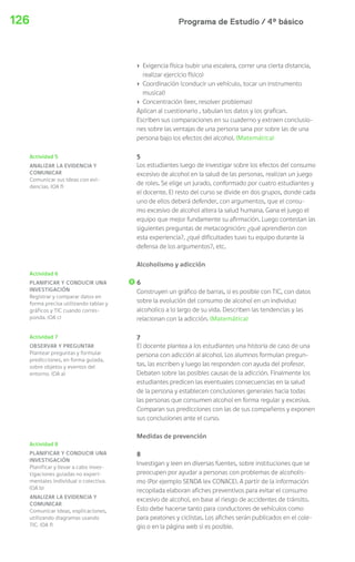 Programa de Estudio / 4º básico126
› Exigencia física (subir una escalera, correr una cierta distancia,
realizar ejercicio físico)
› Coordinación (conducir un vehículo, tocar un instrumento
musical)
› Concentración (leer, resolver problemas)
Aplican al cuestionario , tabulan los datos y los grafican.
Escriben sus comparaciones en su cuaderno y extraen conclusio-
nes sobre las ventajas de una persona sana por sobre las de una
persona bajo los efectos del alcohol. (Matemática)
5
Los estudiantes luego de investigar sobre los efectos del consumo
excesivo de alcohol en la salud de las personas, realizan un juego
de roles. Se elige un jurado, conformado por cuatro estudiantes y
el docente. El resto del curso se divide en dos grupos, donde cada
uno de ellos deberá defender, con argumentos, que el consu-
mo excesivo de alcohol altera la salud humana. Gana el juego el
equipo que mejor fundamente su afirmación. Luego contestan las
siguientes preguntas de metacognición: ¿qué aprendieron con
esta experiencia?, ¿qué dificultades tuvo tu equipo durante la
defensa de los argumentos?, etc.
Alcoholismo y adicción
6
Construyen un gráfico de barras, si es posible con TIC, con datos
sobre la evolución del consumo de alcohol en un individuo
alcoholico a lo largo de su vida. Describen las tendencias y las
relacionan con la adicción. (Matemática)
7
El docente plantea a los estudiantes una historia de caso de una
persona con adicción al alcohol. Los alumnos formulan pregun-
tas, las escriben y luego las responden con ayuda del profesor.
Debaten sobre las posibles causas de la adicción. Finalmente los
estudiantes predicen las eventuales consecuencias en la salud
de la persona y establecen conclusiones generales hacia todas
las personas que consumen alcohol en forma regular y excesiva.
Comparan sus predicciones con las de sus compañeros y exponen
sus conclusiones ante el curso.
Medidas de prevención
8
Investigan y leen en diversas fuentes, sobre instituciones que se
preocupen por ayudar a personas con problemas de alcoholis-
mo (Por ejemplo SENDA (ex CONACE). A partir de la información
recopilada elaboran afiches preventivos para evitar el consumo
excesivo de alcohol, en base al riesgo de accidentes de tránsito.
Esto debe hacerse tanto para conductores de vehículos como
para peatones y ciclistas. Los afiches serán publicados en el cole-
gio o en la página web si es posible.
Actividad 6
PLANIFICAR Y CONDUCIR UNA
INVESTIGACIÓN
Registrar y comparar datos en
forma precisa utilizando tablas y
gráficos y TIC cuando corres-
ponda. (OA c)
Actividad 7
OBSERVAR Y PREGUNTAR
Plantear preguntas y formular
predicciones, en forma guiada,
sobre objetos y eventos del
entorno. (OA a)
Actividad 8
PLANIFICAR Y CONDUCIR UNA
INVESTIGACIÓN
Planificar y llevar a cabo inves-
tigaciones guiadas no experi-
mentales individual o colectiva.
(OA b)
ANALIZAR LA EVIDENCIA Y
COMUNICAR
Comunicar ideas, explicaciones,
utilizando diagramas usando
TIC. (OA f)
Actividad 5
ANALIZAR LA EVIDENCIA Y
COMUNICAR
Comunicar sus ideas con evi-
dencias. (OA f)
 