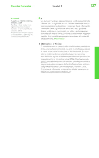 Ciencias Naturales 127Unidad 2
9
Los alumnos investigan las estadísticas de accidentes del tránsito
con relación a la ingesta de alcohol tanto en choferes de vehícu-
los motorizados como de ciclistas y peatones. Con la información
construyen tablas y gráficos que den cuenta de la gravedad
de este problema en nuestro país. Las tablas y gráficos pueden
realizarse con medios computacionales si ellos existen. Proponen
medidas de prevención y organizan una campaña al interior del
establecimiento. (Matemática)
! Observaciones al docente:
Es importante tener en cuenta que los estudiantes han trabajado en
forma general el sistema nervioso, por tanto el estudio de sus efectos
se centra en efectos del alcohol como la descoordinación, la confu-
sión, los problemas de memoria, la lentitud en las reacciones.
Para desarrollar algunas actividades es recomendable que los docen-
tes puedan visitar el sitio de internet de SENDA (http://www.senda.
gob.cl/) para obtener información útil como también para conocer el
programa de gobierno respecto del Servicio Nacional para la Preven-
ción y Rehabilitación del Consumo de Drogas y Alcohol (SENDA).
Otra fuente de información en internet, en relación a este tema, es
http://www.alcoholicosanonimoschile.cl/
Actividad 9
PLANIFICAR Y CONDUCIR UNA
INVESTIGACIÓN
Planificar y llevar a cabo inves-
tigaciones guiadas no experi-
mentales en forma individual o
colectiva. (OA b)
Registrar datos en forma precisa
utilizando tablas y gráficos y TIC
cuando corresponda. (OA c)
 