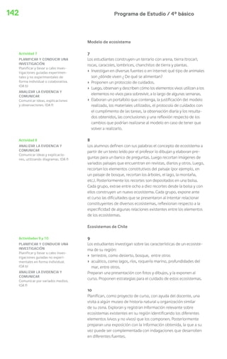 Programa de Estudio / 4º básico142
Modelo de ecosistema
7
Los estudiantes construyen un terrario con arena, tierra (trocar),
rocas, caracoles, lombrices, chanchitos de tierra y plantas.
› Investigan en diversas fuentes o en internet qué tipo de animales
son ¿dónde viven ¿ De qué se alimentan?
› Proponen un protocolo de cuidados.
› Luego, observan y describen cómo los elementos vivos utilizan a los
elementos no vivos para sobrevivir, a lo largo de algunas semanas.
› Elaboran un portafolio que contenga, la justificación del modelo
realizado, los materiales utilizados, el protocolo de cuidados con
el cumplimento de las tareas, la observación diaria y los resulta-
dos obtenidos, las conclusiones y una reflexión respecto de los
cambios que podrían realizarse al modelo en caso de tener que
volver a realizarlo.
8
Los alumnos definen con sus palabras el concepto de ecosistema a
partir de un texto leído por el profesor lo dibujan y elaboran pre-
guntas para un banco de preguntas. Luego recortan imágenes de
variados paisajes que encuentran en revistas, diarios y otros. Luego,
recortan los elementos constitutivos del paisaje (por ejemplo, en
un paisaje de bosque, recortan los árboles, el lago, la montaña,
etc.). Posteriormente los recortes son depositados en una bolsa.
Cada grupo, extrae entre ocho a diez recortes desde la bolsa y con
ellos construyen un nuevo ecosistema. Cada grupo, expone ante
el curso las dificultades que se presentaron al intentar relacionar
constituyentes de diversos ecosistemas, reflexionan respecto a la
especificidad de algunas relaciones existentes entre los elementos
de los ecosistemas.
Ecosistemas de Chile
9
Los estudiantes investigan sobre las características de un ecosiste-
ma de su región:
› terrestre, como desierto, bosque, entre otros
› acuático, como lagos, ríos, roquerío marino, profundidades del
mar, entre otros.
Preparan una presentación con fotos y dibujos, y la exponen al
curso. Proponen estrategias para el cuidado de estos ecosistemas.
10
Planifican, como proyecto de curso, con ayuda del docente, una
visita a algún museo de historia natural u organización similar
de su zona. Exploran y registran información relevante sobre
ecosistemas existentes en su región identificando los diferentes
elementos (vivos y no vivos) que los componen. Posteriormente
preparan una exposición con la información obtenida, la que a su
vez puede ser complementada con indagaciones que desarrollen
en diferentes fuentes.
Actividad 7
PLANIFICAR Y CONDUCIR UNA
INVESTIGACIÓN
Planificar y llevar a cabo inves-
tigaciones guiadas experimen-
tales y no experimentales de
forma individual o colaborativa.
(OA b)
ANALIZAR LA EVIDENCIA Y
COMUNICAR
Comunicar ideas, explicaciones
y observaciones. (OA f)
Actividad 8
ANALIZAR LA EVIDENCIA Y
COMUNICAR
Comunicar ideas y explicacio-
nes, utilizando diagramas. (OA f)
Actividades 9 y 10
PLANIFICAR Y CONDUCIR UNA
INVESTIGACIÓN
Planificar y llevar a cabo inves-
tigaciones guiadas no experi-
mentales en forma individual.
(OA b)
ANALIZAR LA EVIDENCIA Y
COMUNICAR
Comunicar por variados medios.
(OA f)
 