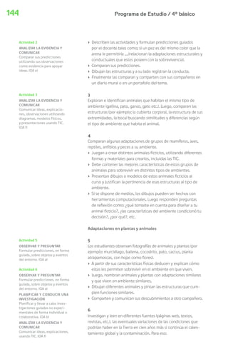 Programa de Estudio / 4º básico144
› Describen las actividades y formulan predicciones guiados
por el docente tales como; si un pez es del mismo color que la
arena le permitiría ….(relacionan la adaptaciones estructurales y
conductuales que estos poseen con la sobrevivencia).
› Comparan sus predicciones.
› Dibujan las estructuras y a su lado registran la conducta.
› Finalmente las comparan y comparten con sus compañeros en
un diario mural o en un portafolio del tema.
3
Exploran e identifican animales que habitan el mismo tipo de
ambiente (gallina, pato, ganso, gato etc.). Luego, comparan las
estructuras (por ejemplo: la cubierta corporal, la estructura de sus
extremidades, la boca) buscando similitudes y diferencias según
el tipo de ambiente que habita el animal.
4
Comparan algunas adaptaciones de grupos de mamíferos, aves,
reptiles, anfibios y peces a su ambiente.
› Juegan a crear distintos animales ficticios, utilizando diferentes
formas y materiales para crearlos, incluidas las TIC.
› Debe contener las mejores características de estos grupos de
animales para sobrevivir en distintos tipos de ambientes.
› Presentan dibujos o modelos de estos animales ficticios al
curso y justifican la pertinencia de esas estructuras al tipo de
ambiente.
› Si se dispone de medios, los dibujos pueden ser hechos con
herramientas computacionales. Luego responden preguntas
de reflexión como: ¿qué tomaste en cuenta para diseñar a tu
animal ficticio?, ¿las características del ambiente condicionó tu
decisión?, ¿por qué?, etc.
Adaptaciones en plantas y animales
5
Los estudiantes observan fotografías de animales y plantas (por
ejemplo: murciélago, ballena, cocodrilo, pato, cactus, planta
atrapamoscas, con hojas como flores).
› A partir de sus características físicas deducen y explican cómo
estas les permiten sobrevivir en el ambiente en que viven.
› Luego, nombran animales y plantas con adaptaciones similares
y que viven en ambiente similares.
› Dibujan diferentes animales y pintan las estructuras que cum-
plen funciones similares.
› Comparten y comunican sus descubrimientos a otro compañero.
6
Investigan y leen en diferentes fuentes (páginas web, textos,
revistas, etc.), las eventuales variaciones de las condiciones que
podrían haber en la Tierra en cien años más si continúa el calen-
tamiento global y la contaminación. Para eso:
Actividad 3
ANALIZAR LA EVIDENCIA Y
COMUNICAR
Comunicar ideas, explicacio-
nes, observaciones utilizando
diagramas, modelos físicos,
y presentaciones usando TIC.
(OA f)
Actividad 5
OBSERVAR Y PREGUNTAR
Formular predicciones, en forma
guiada, sobre objetos y eventos
del entorno. (OA a)
Actividad 2
ANALIZAR LA EVIDENCIA Y
COMUNICAR
Comparar sus predicciones
utilizando sus observaciones
como evidencia para apoyar
ideas. (OA e)
Actividad 6
OBSERVAR Y PREGUNTAR
Formular predicciones, en forma
guiada, sobre objetos y eventos
del entorno. (OA a)
PLANIFICAR Y CONDUCIR UNA
INVESTIGACIÓN
Planificar y llevar a cabo inves-
tigaciones guiadas no experi-
mentales de forma individual o
colaborativa. (OA b)
ANALIZAR LA EVIDENCIA Y
COMUNICAR
Comunicar ideas, explicaciones,
usando TIC. (OA f)
 