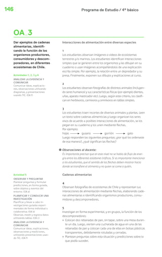 Programa de Estudio / 4º básico146
Interacciones de alimentación entre diversas especies
1
Los estudiantes observan imágenes o videos de ecosistemas
terrestres y/o marinos. Los estudiantes identifican interacciones
simples que se generen entre los organismos y las dibujan en su
cuaderno o usan imágenes acompañándolos de una explicación
escrita simple. Por ejemplo, la relación entre un depredador y su
presa. Finalmente, exponen sus dibujos y explicaciones al curso.
2
Los estudiantes observan fotografias de distintos animales (incluyen-
do seres humanos) y sus caracteristicas físicas (por ejemplo dientes,
uñas, aparato masticador etc). Luego, según este criterio, los clasifi-
can en herbívoros, carnívoros y omnívoros en tablas simples.
3
Los estudiantes traen recortes de diversos animales y plantas. Leen
un texto sobre cadenas alimenticias y luego organizan los seres
vivos de acuerdo a posibles interacciones de alimentación, se los
pegan en su cuaderno y los unen mediante flechas.
Por ejemplo:
hojas gusano gorrión gato
Luego responden las siguientes preguntas: ¿por qué los ordenaste
de esa manera?, ¿qué significan las flechas?
! Observaciones al docente:
Es importante precisar que en este nivel no se habla de flujo de ener-
gía entre los diferentes eslabones tróficos. Sí es importante mencionar
a los estudiantes, que el sentido de las flechas deben mostrar hacia
donde se transfiere el alimento y no quien se come a quién.
Cadenas alimentarias
4
Observan fotografías de ecosistemas de Chile y representan sus
interacciones de alimentación mediante flechas, elaborando cade-
nas alimentarias e identificando organismos productores, consu-
midores y descomponedores.
5
Investigan en forma experimental, y en grupos, la función de los
descomponedores:
› Colocan dos rebanadas de pan, sin tapar, sobre una mesa duran-
te un día. Luego, vierten una cucharada de agua en una de las
rebanadas de pan y colocan cada una de ellas en bolsas plásticas
transparentes, debidamente rotuladas y cerradas.
› Plantean preguntas sobre esta situación y predicciones sobre lo
que podía suceder.
OA 3
Dar ejemplos de cadenas
alimentarias, identifi-
cando la función de los
organismos productores,
consumidores y descom-
ponedores, en diferentes
ecosistemas de Chile.
Actividades 1, 2, 3 y 4
ANALIZAR LA EVIDENCIA Y
COMUNICAR
Comunicar ideas, explicacio-
nes, observaciones utilizando
diagramas, y presentaciones
usando TIC. (OA f)
Actividad 5
OBSERVAR Y PREGUNTAR
Plantear preguntas y formular
predicciones, en forma guiada,
sobre objetos y eventos del
entorno. (OA a)
PLANIFICAR Y CONDUCIR UNA
INVESTIGACIÓN
Planificar y llevar a cabo in-
vestigaciones guiadas experi-
mentales de forma individual o
colaborativa. (OA b)
Observar, medir y registra datos
utilizando tablas. (OA c)
ANALIZAR LA EVIDENCIA Y
COMUNICAR
Comunicar ideas, explicaciones,
observaciones y mediciones,
utilizando presentaciones usan-
do TIC. (OA f)
 