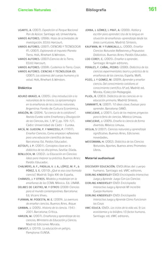Ciencias Naturales 161Bibliografía
UGARTE, A. (2007). Expedición al Parque Nacional
Pan de Azúcar. Santiago: ed. Universitaria.
VARIOS AUTORES. (2006). Hojas de actividades de
investigación. EEUU: Harcourt.
VARIOS AUTORES. (2007). CIENCIAS Y TECNOLOGIA
(F). (2007). Explorando el inquieto Planeta
Tierra. Holt, Rinehart & Winston.
VARIOS AUTORES. (2007).Ciencias de la Tierra.
EEUU: Harcourt.
VARIOS AUTORES. (2008). Cuidemos la Tierra. Cosar.
VARIOS AUTORES. CIENCIAS Y TECNOLOGIA (D).
(2007). Los sistemas del cuerpo humano y la
salud. Holt, Rinehart & Winston.
Didáctica
ADURIZ-BRAVO, A. (2005). Una introducción a la
naturaleza de la ciencia. La epistemología
en la enseñanza de las ciencias naturales.
Argentina: Fondo de Cultura Económica.
ARAGÓN, M. (2004). “La ciencia de lo cotidiano”.
Revista Eureka sobre Enseñanza y Divulgación
de las Ciencias, Vol. 1, Nº 2, pp. 109-121.
Cádiz: Universidad de Cádiz – Eureka.
ARCÁ, M. GUIDONI, P. Y MARZZOLI, P. (1997).
Enseñar Ciencias. Como empezar: reflexiones
para una educación científica de base.
Barcelona: Ed. Paidos Educador.
ASTOLFI, J. P. (2001). Conceptos clave en la
didáctica de las disciplinas. Sevilla: Díada.
BENLLOCH, M. (2002). La Educación en Ciencias:
Ideas para mejorar su práctica. Buenos Aires:
Paidós Educador.
CHALMERS, A. F., PADILLA, V. J. A., LÓPEZ, M. P., &
PÉREZ, S. E. (2010). ¿Qué es esa cosa llamada
ciencia?. Madrid: Siglo XXI de España.
CHAMIZO, J. Y OTROS. Modelos y modelajes en la
enseñanza de las CCNN. México. Ed. UNAM.
DELIBES DE CASTRO, M. Y OTROS (2008) Ciencias
para el mundo contemporáneo. Barcelona:
Ed. Vicens Vives.
FURMAN, M. PODESTA, M. E. (2009). La aventura
de enseñar ciencias. Buenos Aires. Aique
GRIBBIN, J. (2005). Historia de la ciencia. 1543-
2001. Barcelona: Crítica.
HARLEN, W. (2007). Enseñanza y aprendizaje de las
ciencias. Ministerio de Educación y Ciencia.
Madrid: Ediciones Morata.
ENKVIST, I. (2010). La educación en peligro.
Pamplona: EUNSA.
JORBA, J. GÓMEZ, I. PRAT, A. (2000). Hablar y
escribir para aprender: Uso de la lengua en
situación de enseñanza-aprendizaje desde las
áreas curriculares. Madrid: Síntesis.
KAUFMAN, M. Y FUMAGALLI, L. (2000). Enseñar
Ciencias Naturales Reflexiones y Propuestas
Didácticas. Buenos Aires: Paidós Educador.
LOO COREY, C. (2005). Enseñar a aprender.
Santiago: Arrayán editores.
PERALES, F. CAÑAL, PEDRO. (2000). Didáctica de las
ciencias experimentales: teoría y práctica de la
enseñanza de las ciencias. España. Mafil.
POZO, J. Y GOMEZ, M. (2009). Aprender y enseñar
ciencia. Del conocimiento cotidiano al
conocimiento científico. 6ª.ed. Madrid: ed.
Morata. (Colección Pedagogía).
PUJOL, R. (2003). Didáctica de las ciencias en la
educación primaria. Madrid: Síntesis.
SANMARTÍ, N. (2007). 10 ideas clave. Evaluar para
aprender. Barcelona: GRAÓ.
VANCLEAVE, J. (2001). Guía de los mejores proyectos
para la feria de ciencias. México: Limusa.
VANCLEAVE, J. (2005). Enseña la ciencia de forma
divertida. México: Limusa.
VEGLIA, S (2007). Ciencias naturales y aprendizaje
significativo. Buenos Aires. Ediciones
novedades.
WEISSMANN, H. (2002). Didáctica de las Ciencias
Naturales. Aportes. Buenos aires: Prometeo
Libros.
Material audiovisual
DISCOVERY EDUCACIÓN. (DVD).Atlas del cuerpo
humano. Santiago: ed. VMC editores.
DORLING KINDERSLEY (DVD) Enciclopedia Interactiva
Juega y Aprende Juega Con Las Ciencias
DORLING KINDERSLEY (DVD) Enciclopedia
Interactiva Juega y Aprende Mi increíble
Cuerpo Humano
DORLING KINDERSLEY (DVD) Enciclopedia
Interactiva Juega y Aprende Cómo Funcionan
las Cosas
VMC EDUCA. (DVD). Los ciclos de la vida vol. 9: Los
ecosistemas y la biósfera / El factor humano.
Santiago: ed. VMC editores.
 