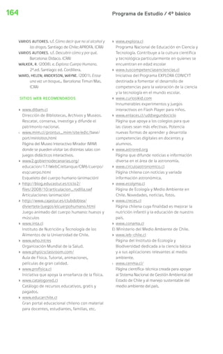Programa de Estudio / 4º básico164
VARIOS AUTORES. s.f. Cómo decir que no al alcohol y
las drogas. Santiago de Chile: APROFA. (CRA)
VARIOS AUTORES. s.f. Descubrir cómo y por qué.
Barcelona: Didaco. (CRA)
WALKER, R. (2008). e. Explora: Cuerpo Humano.
2ª.ed. Santiago: ed. Cordillera.
WARD, HELEN; ANDERSON, WAYNE. (2001). Erase
una vez un bosque... Barcelona: Timun Mas.
(CRA)
SITIOS WEB RECOMENDADOS
› www.dibam.cl
Dirección de Bibliotecas, Archivos y Museos.
Rescatar, conserva, investiga y difunde el
patrimonio nacional.
› www.mim.cl/prontus_mim/site/edic/base/
port/minisitios.html
Página del Museo Interactivo Mirador (MIM)
donde se pueden visitar las distintas salas con
juegos didácticos interactivos.
› www2.gobiernodecanarias.org/
educacion/17/WebC/eltanque/CM6/cuerpo/
esqcuerpo.html
Esqueleto del cuerpo humano (animación)
› http://blog.educastur.es/ciclo2/
files/2008/10/articulacion_rodilla.swf
Articulaciones (animación)
› http://www.cajastur.es/clubdoblea/
diviertete/juegos/elcuerpohumano.html
Juego animado del cuerpo humano: huesos y
músculos
› www.inta.cl
Instituto de Nutrición y Tecnología de los
Alimentos de la Universidad de Chile.
› www.who.int/es
Organización Mundial de la Salud.
› www.physicsclassroom.com/
Aula de Física. Tutorial, animaciones,
películas de gran calidad.
› www.profisica.cl
Iniciativa que apoya la enseñanza de la física.
› www.catalogored.cl
Catálogo de recursos educativos, gratis y
pagados.
› www.educarchile.cl
Gran portal educacional chileno con material
para docentes, estudiantes, familias, etc.
› www.explora.cl
Programa Nacional de Educación en Ciencia y
Tecnología. Contribuye a la cultura científica
y tecnológica particularmente en quienes se
encuentran en edad escolar
› www.tuscompetenciasenciencias.cl
Iniciativa del Programa EXPLORA CONICYT
destinada a fomentar el desarrollo de
competencias para la valoración de la ciencia
y la tecnología en el mundo escolar.
› www.curiosikid.com
Innumerables experimentos y juegos
interactivos en Flash Player para niños.
› www.enlaces.cl/uddsegundociclo
Página que apoya a los colegios para que
las clases sean más efectivas. Potencia
nuevas formas de aprender y desarrolla
competencias digitales en docentes y
alumnos.
› www.astrored.org
Página que difunde noticias e información
diversa en el área de la astronomía.
› www.circuloastronomico.cl
Página chilena con noticias y variada
información astronómica.
› www.ecolyma.cl
Página de Ecología y Medio Ambiente en
Chile. Novedades, noticias, fotos.
› www.creces.cl
Página chilena cuya finalidad es mejorar la
nutrición infantil y la educación de nuestro
país.
› www.conama.cl
El Ministerio del Medio Ambiente de Chile.
› www.ieb-chile.cl
Página del Instituto de Ecología y
Biodiversidad dedicada a la ciencia básica
y a sus aplicaciones relevantes al medio
ambiente.
› www.cenma.cl/
Página científica-técnica creada para apoyar
al Sistema Nacional de Gestión Ambiental del
Estado de Chile y al manejo sustentable del
medio ambiente del país.
 