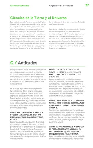 Ciencias Naturales 37Organización curricular
Este eje trata sobre la Tierra, su composición y los
cambios que ocurren en ella y cómo estos afectan
a su superficie. En este marco, se espera que los
alumnos conozcan el tiempo atmosférico, las
capas de la Tierra y sus movimientos, y que sean
capaces de relacionarlos con los sismos, volcanes
y tsunamis. Se considera esencial la formación de
hábitos de prevención ante eventos sísmicos de-
bido a las características de nuestro país. También
se busca que los estudiantes aprendan sobre la
formación y las características del suelo, su impor-
tancia para el sustento de la vida sobre la Tierra,
las variables asociadas a la erosión y los efectos de
la actividad humana.
Además, se estudian los componentes del Sistema
Solar que son parte de una galaxia entre las
muchas que hay en el Universo, los movimientos
cíclicos de la Tierra y el impacto de estos sobre
los seres vivos. Estas materias se tratan con una
perspectiva científica, que involucra exploración,
uso de modelos y experimentación, procurando
que los alumnos perciban la interrelación entre los
fenómenos estudiados.
Ciencias de la Tierra y el Universo
C / Actitudes
La asignatura de Ciencias Naturales promueve un
conjunto de actitudes para todo el ciclo bási-
co, que derivan de los Objetivos de Aprendizaje
Transversales (OAT). Dada su relevancia para el
aprendizaje, estas se deben desarrollar de manera
transversal con los conocimientos y habilidades
de la asignatura.
Las actitudes aquí definidas son Objetivos de
Aprendizaje, que deben ser promovidos para
la formación integral de los estudiantes en la
asignatura. Los establecimientos pueden plani-
ficar, organizar, desarrollar y complementar las
actitudes propuestas según sean las necesidades
de su propio proyecto y su realidad educativa. Las
actitudes a desarrollar en la asignatura en este
ciclo son las siguientes:
DEMOSTRAR CURIOSIDAD E INTERÉS POR
CONOCER SERES VIVOS, OBJETOS Y/O
EVENTOS QUE CONFORMAN EL ENTORNO
NATURAL.
La asignatura de Ciencias Naturales desarrolla la
curiosidad por conocer la naturaleza y el interés
por ahondar en el conocimiento de los seres vivos,
la materia, la Tierra y el Universo. Se promue-
ve que los estudiantes observen, exploren y se
formulen preguntas acerca del entorno natural, y
que se vean enfrentados a temas que los desafíen
intelectualmente.
MANIFESTAR UN ESTILO DE TRABAJO
RIGUROSO, HONESTO Y PERSEVERANTE
PARA LOGRAR LOS APRENDIZAJES DE LA
ASIGNATURA.
La asignatura favorece el trabajo ordenado,
metódico y eficiente, de manera que el alumno
cumpla con sus responsabilidades. Asimismo se
espera que el alumno reconozca el error y lo con-
sidere como parte del proceso de aprendizaje y
de generación del conocimiento. Estas actitudes
se desarrollan en investigaciones, indagaciones,
experimentaciones, entre otros.
RECONOCER LA IMPORTANCIA DEL ENTORNO
NATURAL Y SUS RECURSOS, DESARROLLANDO
CONDUCTAS DE CUIDADO Y PROTECCIÓN DEL
AMBIENTE.
Se espera que los estudiantes, en la medida que
van comprendiendo la importancia de los diversos
elementos (seres vivos, objetos y/o eventos) que
conforman el entorno natural, desarrollen la con-
ciencia de cuidar, preservar y conservar nuestro
patrimonio natural.
ASUMIR RESPONSABILIDADES E INTERACTUAR
EN FORMA COLABORATIVA Y FLEXIBLE EN
LOS TRABAJOS EN EQUIPO, APORTANDO Y
ENRIQUECIENDO EL TRABAJO COMÚN.
La asignatura fomenta el trabajo grupal, especial-
mente mediante investigaciones, indagaciones
 