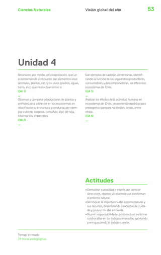 Ciencias Naturales 53
Unidad 4
Reconocer, por medio de la exploración, que un
ecosistema está compuesto por elementos vivos
(animales, plantas, etc.) y no vivos (piedras, aguas,
tierra, etc.) que interactúan entre sí.
(OA 1)
_
Observar y comparar adaptaciones de plantas y
animales para sobrevivir en los ecosistemas en
relación con su estructura y conducta; por ejem-
plo: cubierta corporal, camuflaje, tipo de hoja,
hibernación, entre otras.
(OA 2)
_
Actitudes
›Demostrar curiosidad e interés por conocer
seres vivos, objetos y/o eventos que conforman
el entorno natural.
›Reconocer la importancia del entorno natural y
sus recursos, desarrollando conductas de cuida-
do y protección del ambiente.
›Asumir responsabilidades e interactuar en forma
colaborativa en los trabajos en equipo aportando
y enriqueciendo el trabajo común.
Tiempo estimado
24 horas pedagógicas
Visión global del año
Dar ejemplos de cadenas alimentarias, identifi-
cando la función de los organismos productores,
consumidores y descomponedores, en diferentes
ecosistemas de Chile.
(OA 3)
_
Analizar los efectos de la actividad humana en
ecosistemas de Chile, proponiendo medidas para
protegerlos (parques nacionales, vedas, entre
otras).
(OA 4)
_
 