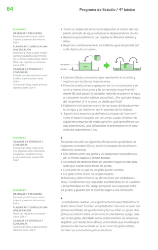 Programa de Estudio / 4º básico64
› Toman un objeto del entorno y lo depositan al interior del reci-
piente colmado de agua y observan el desplazamiento de ella.
› Repiten el procedimiento con objetos de diferente tamaño y
masa.
› Registran cualitativamente la cantidad de agua desplazada por
cada objeto y las comparan.
› Elaboran dibujos o esquemas que representen lo ocurrido y
registran por escrito sus observaciones.
› Formulan predicciones en pareja en torno a lo observado y en
torno a nuevas situaciones y las comprueban experimental-
mente (Ej ¿qué pasaría si un objeto redondo se pone en el agua,
o si se ponen muchos objetos pequeños?, ¿ Por qué sale el agua
del recipiente? ¿Y si se pone un objeto que flota?
› Establecen conclusiones acerca de las causas del desplazamien-
to de agua y las relacionan con el volumen de los objetos.
› A partir de la experiencia, definen el concepto de “volumen”
como el espacio ocupado por un cuerpo. Luego contestan las
siguientes preguntas de metacognición: ¿qué aprendieron con
esta experiencia?, ¿qué dificultades se presentaron en el desa-
rrollo del experimento?, etc.
3
En parejas discuten las siguientes afirmaciones ayudándose de
diagramas o modelos físicos, sobre el concepto de volumen en
diferentes contextos:
› Dos objetos como una goma y un sacapuntas no pueden ocu-
par el mismo espacio al mismo tiempo.
› Un pedazo de plastilina tiene un volumen mayor al estar apla-
nado que cuando tiene forma de pelota.
› El volumen de un gas en un globo puede cambiar.
› Los gases como el aire no ocupan espacio.
Reflexionan y determinan si las afirmaciones son verdaderas o
falsas. Fundamentan sus respuestas escribiéndolas en el cuaderno
o presentándolas en TIC. Luego comparan sus respuestas entre
los grupos y guiados por el docente llegan a una conclusión.
4
Los estudiantes realizan una experimentación para “determinar si
el aire tiene masa”. Escriben una predicción. Para esto ocupan dos
globos desinflados de igual tamaño y forma. Inflan un globo otro
globo y lo colocan sobre un extremo de una balanza. Luego, colo-
can el otro globo desinflado sobre el otro extremo de la balanza.
Registran, por medio de un dibujo, el resultado que muestra que
la balanza esta más inclinada en el extremo del globo inflado.
Escriben sus conclusiones y las comunican.
Actividad 2
OBSERVAR Y PREGUNTAR
Formular predicciones, sobre
objetos y eventos del entorno.
(OA a)
PLANIFICAR Y CONDUCIR UNA
INVESTIGACIÓN
Planificar y llevar a cabo investi-
gaciones guiadas experimenta-
les en forma colaborativa. (OA b)
Observar, registrar y comparar
datos. (OA c)
ANALIZAR LA EVIDENCIA Y
COMUNICAR
Utilizar sus observaciones como
evidencia para apoyar ideas.
(OA e)
Comunicar ideas, explicaciones,
observaciones. (OA f)
Actividad 3
ANALIZAR LA EVIDENCIA Y
COMUNICAR
Comunicar ideas, explicacio-
nes, observaciones utilizando
diagramas, modelos físicos,
y presentaciones usando TIC.
(OA f)
Actividad 4
OBSERVAR Y PREGUNTAR
Formular predicciones, sobre
objetos y eventos del entorno.
(OA a)
PLANIFICAR Y CONDUCIR UNA
INVESTIGACIÓN
Observar, registrar y comparar
datos. (OA c)
ANALIZAR LA EVIDENCIA Y
COMUNICAR
Comunicar ideas, explicaciones,
observaciones. (OA f)
 