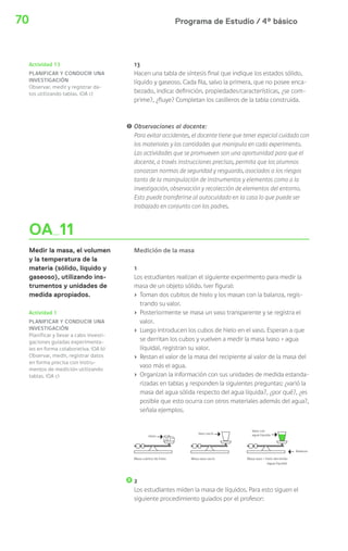 Programa de Estudio / 4º básico70
OA 11
Medir la masa, el volumen
y la temperatura de la
materia (sólido, líquido y
gaseoso), utilizando ins-
trumentos y unidades de
medida apropiados.
Actividad 1
PLANIFICAR Y CONDUCIR UNA
INVESTIGACIÓN
Planificar y llevar a cabo investi-
gaciones guiadas experimenta-
les en forma colaborativa. (OA b)
Observar, medir, registrar datos
en forma precisa con instru-
mentos de medición utilizando
tablas. (OA c)
13
Hacen una tabla de síntesis final que indique los estados sólido,
líquido y gaseoso. Cada fila, salvo la primera, que no posee enca-
bezado, indica: definición, propiedades/características, ¿se com-
prime?, ¿fluye? Completan los casilleros de la tabla construida.
! Observaciones al docente:
Para evitar accidentes, el docente tiene que tener especial cuidado con
los materiales y las cantidades que manipula en cada experimento.
Las actividades que se promueven son una oportunidad para que el
docente, a través instrucciones precisas, permita que los alumnos
conozcan normas de seguridad y resguardo, asociados a los riesgos
tanto de la manipulación de instrumentos y elementos como a la
investigación, observación y recolección de elementos del entorno.
Esto puede transferirse al autocuidado en la casa lo que puede ser
trabajado en conjunto con los padres.
Medición de la masa
1
Los estudiantes realizan el siguiente experimento para medir la
masa de un objeto sólido. (ver figura):
› Toman dos cubitos de hielo y los masan con la balanza, regis-
trando su valor.
› Posteriormente se masa un vaso transparente y se registra el
valor.
› Luego introducen los cubos de hielo en el vaso. Esperan a que
se derritan los cubos y vuelven a medir la masa (vaso + agua
líquida), registran su valor.
› Restan el valor de la masa del recipiente al valor de la masa del
vaso más el agua.
› Organizan la información con sus unidades de medida estanda-
rizadas en tablas y responden la siguientes preguntas: ¿varió la
masa del agua sólida respecto del agua líquida?, ¿por qué?, ¿es
posible que esto ocurra con otros materiales además del agua?,
señala ejemplos.
2
Los estudiantes miden la masa de líquidos. Para esto siguen el
siguiente procedimiento guiados por el profesor:
Actividad 13
PLANIFICAR Y CONDUCIR UNA
INVESTIGACIÓN
Observar, medir y registrar da-
tos utilizando tablas. (OA c)
 