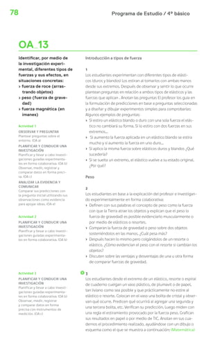 Programa de Estudio / 4º básico78
OA 13
Identificar, por medio de
la investigación experi-
mental, diferentes tipos de
fuerzas y sus efectos, en
situaciones concretas:
› fuerza de roce (arras-
trando objetos)
› peso (fuerza de grave-
dad)
› fuerza magnética (en
imanes)
Introducción a tipos de fuerza
1
Los estudiantes experimentan con diferentes tipos de elásti-
cos (duros y blandos) Los estiran al tomarlos con ambas manos
desde sus extremos. Después de observar y sentir lo que ocurre
plantean preguntas en relación a ambos tipos de elásticos y las
fuerzas que aplican . Anotan las preguntas El profesor los guia en
la formulación de predicciones en base a preguntas seleccionadas
y a diseñar y dibujar experimentos simples para comprobarlas:
Algunos ejemplos de preguntas:
› Si estiro un elástico blando o duro con una sola fuerza el elás-
tico no cambiará su forma. Si lo estiro con dos fuerzas en sus
extremos...
› Si aumento la fuerza aplicada en un elástico blando se estira
mucho y si aumento la fuerza en uno duro...
› Si aplico la misma fuerza sobre elásticos duros y blandos ¿Qué
sucedería?
› Si se suelta un extremo, el elástico vuelve a su estado original.
¿Por qué?
Peso
2
Los estudiantes en base a la explicación del profesor e investigan-
do experimentalmente en forma colaborativa:
› Definen con sus palabras el concepto de peso como la fuerza
con que la Tierra atrae los objetos y explican que el peso (o
fuerza de gravedad) es posible evidenciarlo muscularmente o
por medio de elásticos o resortes.
› Comparan la fuerza de gravedad o peso sobre dos objetos
sosteniéndolos en las manos. ¿Cuál pesa más?
› Después hacen lo mismo pero colgándolos de un resorte o
elástico. ¿Cómo evidencian el peso con el resorte si cambian los
objetos?
› Discuten sobre las ventajas y desventajas de una u otra forma
de comparar fuerzas de gravedad.
3
Los estudiantes desde el extremo de un elástico, resorte o espiral
de cuaderno cuelgan un vaso plástico, de plumavit o de papel,
tan liviano como sea posible y que prácticamente no estire al
elástico o resorte. Colocan en el vaso una bolita de cristal y obser-
van qué ocurre. Predicen qué ocurrirá al agregar una segunda y
una tercera bolita, etc. Verifican su predicción. Luego miden con
una regla el estiramiento provocado por la fuerza peso. Grafican
sus resultados en papel o por medio de TIC. Anotan en sus cua-
dernos el procedimiento realizado, ayudándose con un dibujo o
esquema como el que se muestra a continuación: (Matemática)
Actividad 1
OBSERVAR Y PREGUNTAR
Plantear preguntas sobre el
entorno. (OA a)
PLANIFICAR Y CONDUCIR UNA
INVESTIGACIÓN
Planificar y llevar a cabo investi-
gaciones guiadas experimenta-
les en forma colaborativa. (OA b)
Observar, medir, registrar y
comparar datos en forma preci-
sa. (OA c)
ANALIZAR LA EVIDENCIA Y
COMUNICAR
Comparar sus predicciones con
la pregunta inicial utilizando sus
observaciones como evidencia
para apoyar ideas. (OA e)
Actividad 2
PLANIFICAR Y CONDUCIR UNA
INVESTIGACIÓN
Planificar y llevar a cabo investi-
gaciones guiadas experimenta-
les en forma colaborativa. (OA b)
Actividad 3
PLANIFICAR Y CONDUCIR UNA
INVESTIGACIÓN
Planificar y llevar a cabo investi-
gaciones guiadas experimenta-
les en forma colaborativa. (OA b)
Observar, medir, registrar
y comparar datos en forma
precisa con instrumentos de
medición. (OA c)
 