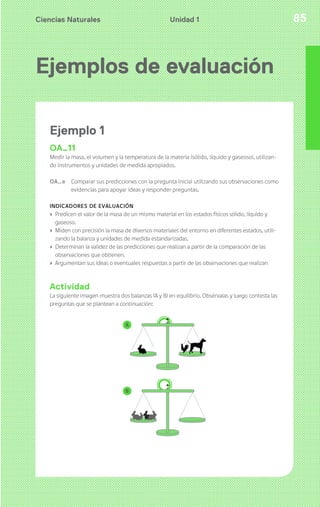 Ciencias Naturales 85Unidad 1
Ejemplos de evaluación
Ejemplo 1
OA_11
Medir la masa, el volumen y la temperatura de la materia (sólido, líquido y gaseoso), utilizan-
do instrumentos y unidades de medida apropiados.
OA_e Comparar sus predicciones con la pregunta inicial utilizando sus observaciones como
evidencias para apoyar ideas y responder preguntas.
INDICADORES DE EVALUACIÓN
› Predicen el valor de la masa de un mismo material en los estados físicos sólido, líquido y
gaseoso.
› Miden con precisión la masa de diversos materiales del entorno en diferentes estados, utili-
zando la balanza y unidades de medida estandarizadas.
› Determinan la validez de las predicciones que realizan a partir de la comparación de las
observaciones que obtienen.
› Argumentan sus ideas o eventuales respuestas a partir de las observaciones que realizan
Actividad
La siguiente imagen muestra dos balanzas (A y B) en equilibrio. Obsérvalas y luego contesta las
preguntas que se plantean a continuación:
 