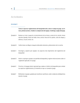 28                                                    Octavo Año Básico Educación Física Ministerio de Educación




Actividades


Actividad 1


              Conocer aspectos reglamentarios del básquetbol tales como el campo de juego, sus lí-
              neas y demarcaciones, el balón, la composición del equipo, el arbitraje y reglas del juego.


Ejemplo A     Realizar un trote o juego de reconocimiento de las líneas y zonas de la cancha: líneas
              laterales (banda), líneas de fondo, línea central, línea de tres puntos, zona de ataque y
              defensa, círculo central, etc.



Ejemplo B     Confeccionar un dibujo o maqueta indicando elementos y dimensiones de la cancha.



Ejemplo C     Investigar y exponer por equipos, los aspectos más importantes del reglamento del
              básquetbol.



Ejemplo D     Asistir, en parejas o grupos a un partido de básquetbol y registrar observaciones sobre el
              reglamento aplicado en el juego.



Ejemplo E     Practicar el lenguaje básico (gestual) que emplea el árbitro de básquetbol para señalar
              los aspectos reglamentarios y el momento en que se reanuda el juego.



Ejemplo F     Reflexionar en grupos, guiados por el profesor o profesora, sobre conductas antideportivas
              durante el juego.
 