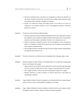 Unidad 2: Deportes de colaboración y oposición • Vóleibol                                                    37




                 3. Ejercitar en parejas frente a una pared. Los estudiantes se ubican uno adelante y el
                     otro detrás. El alumno o alumna que está detrás lanza el balón contra la pared y el que
                     está adelante debe responder con golpe de antebrazo.
                 4. Recibir con antebrazos saques ejecutados desde el otro lado de la red por un
                     compañero. Los receptores pueden ser uno o más jugadores ubicados en distintos
                     puntos de la cancha.



Ejemplo C        Practicar la técnica de pase o golpe de dedos:
                 1. Ejercitar en parejas, uno lanza el balón desde abajo de manera que caiga sobre la cabeza
                     del compañero y éste responde con golpe de dedos mientras pasa de tener una posición
                     de piernas semi-flexionadas a extendidas. Variante: uno a cada lado de la red.
                 2. Realizar en parejas el siguiente ejercicio: uno de los jugadores envía con golpe de
                     dedos a su compañero el balón de tal manera que éste se desplace hacia adelante y
                     atrás, luego de cada devolución.
                 3. Ejercitar golpe de dedos en parejas por sobre la red y en el lugar. Variante: desplazándose
                     de izquierda a derecha de la red.



Ejemplo D        Practicar el remache y sus diferentes fases: desplazamiento, despegue, golpe, caída.



Ejemplo E        Analizar, después de jugar vóleibol, la finalidad táctica de los diferentes fundamentos
                 técnicos del vóleibol. Por ejemplo:
                 •   Saque: provocar una recepción errónea, dificultar la construcción del ataque del equipo
                     contrario, alcanzar un punto directo o bien, asegurar el paso del balón sin arriesgar.
                 •   Pase o golpe de dedos: construcción directa del juego de ataque de un equipo.
                 •   Bloqueo: defender el campo al detener el remache adversario o bien lograr un
                     contraataque inmediato.



Ejemplo F        Jugar vóleibol variando el número de jugadores y/o utilizando diferentes campos (largos,
                 anchos, anchos y cortos en profundidad o alargados y estrechos).



Ejemplo G        Jugar vóleibol utilizando de manera aislada un elemento técnico, por ejemplo: permitir
                 sólo golpe de dedos. Variante: cambiar el número de toques permitidos.
 