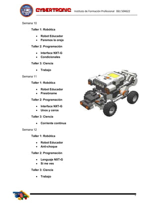 Instituto de Formación Profesional 061 504622

Semana 10
Taller 1: Robótica
 Robot Educador
 Paremos la oreja
Taller 2: Programación
 Interface NXT-G
 Condicionales
Taller 3: Ciencia
 Trabajo
Semana 11
Taller 1: Robótica
 Robot Educador
 Presióname
Taller 2: Programación
 Interface NXT-G
 Unos y ceros
Taller 3: Ciencia
 Corriente continua
Semana 12
Taller 1: Robótica
 Robot Educador
 Anti-choque
Taller 2: Programación
 Lenguaje NXT-G
 Si me ves
Taller 3: Ciencia
 Trabajo

®

 