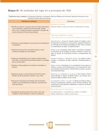 Bloque III. De mediados del siglo XIX a principios de 1920

Competencias   que se favorecen:	 Comprensión del tiempo y del espacio históricos • Manejo de información histórica • Formación de una
                                conciencia histórica para la convivencia

                      A prendizajes   esperados                                                        C ontenidos
                                                                         P anorama   del periodo

   •	Identifica la duración y secuencia de los procesos relacionados     Ubicación temporal y espacial del avance del imperialismo en el mundo.
     con el imperialismo, aplicando los términos siglo, década,
     lustro y año, y localiza los países en expansión y el reparto del
     mundo al final de la Primera Guerra Mundial.

                                                                         T emas   para comprender el periodo

                                                                         ¿Qué consecuencias tuvo el avance del imperialismo a nivel mundial?

                                                                         Industrialización e imperialismo: Nuevas fuentes de energía y trans-
   •	Describe la multicausalidad en los procesos de industrialización    formaciones en la industria y comunicaciones. Hegemonía británica y
     e imperialismo.                                                     la confrontación de intereses imperialistas en Asia, África y Oceanía.
                                                                         La modernización de Japón. El capital financiero.

   •	Analiza las causas de los movimientos obreros y de los              Cambios sociales: Burguesía, clase obrera y movimientos socialistas.
     cambios en el paisaje y la vida cotidiana.                          El crecimiento de las ciudades, el impacto ambiental y nuevos pai-
                                                                         sajes. El impulso de la educación primaria. La popularización del
                                                                         deporte.
                                                                                                                                                   35
   •	Explica las características de los estados multinacionales y        Identidades nacionales y participación política: Los estados multina-
     nacionales, y la importancia del constitucionalismo y el sufragio   cionales. La unificación de Italia y Alemania. Constitucionalismo y
     para su conformación.                                               sufragio.

   •	Explica la multicausalidad de la expansión imperialista en          Nuestro entorno: Dificultades en la consolidación de los países en
     América.                                                            América. La guerra civil norteamericana y sus consecuencias. Inver-
                                                                         sión extranjera y expansionismo norteamericano y europeo. Las dicta-
                                                                         duras iberoamericanas.

   •	Explica las causas y consecuencias de la Primera Guerra             Conflictos en la transición de los siglos: La Paz Armada. Primera
     Mundial y de las revoluciones mexicana, rusa y china.               Guerra Mundial. El reparto de Medio Oriente. Las primeras revo-
                                                                         luciones sociales en México, China y Rusia.

   •	Reconoce la importancia de la difusión del conocimiento             El conocimiento científico y las artes: La influencia de Darwin, Marx y
     científico en las manifestaciones artísticas y el pensamiento       Freud en el pensamiento científico y social. Avances científicos. Del
     social de la época.                                                 impresionismo al arte abstracto. Bibliotecas y museos en la difusión
                                                                         del conocimiento.

                                                                         T emas   para analizar y reflexionar

   •	Investiga las transformaciones de la cultura y de la vida           Las ferias mundiales y la fascinación por la ciencia y el progreso.
     cotidiana a lo largo del tiempo y valora su importancia.            Cambios demográficos y formas de control natal.
 