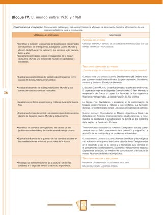 Bloque IV. El mundo entre 1920 y 1960

     Competencias   que se favorecen:	 Comprensión del tiempo y del espacio históricos • Manejo de información histórica • Formación de una
                                     conciencia histórica para la convivencia

                           A prendizajes   esperados                                                         C ontenidos
                                                                               P anorama   del periodo

        •	Identifica la duración y secuencia de los procesos relacionados      Ubicación temporal y espacial de los conflictos internacionales y de los
          con el periodo de entreguerras, la Segunda Guerra Mundial y          avances científicos y tecnológicos.

          el inicio de la Guerra Fría, aplicando los términos siglo, década,
          lustro y año.
        •	Localiza los principales países protagonistas de la Segun-
          da Guerra Mundial y la división del mundo en capitalistas y
          socialistas.

                                                                               T emas   para comprender el periodo

                                                                               ¿Durante el siglo XX el mundo cambió más que en siglos pasados?

        •	Explica las características del periodo de entreguerras como         El mundo entre las grandes guerras: Debilitamiento del poderío euro-
          causas de la Segunda Guerra Mundial.                                 peo y presencia de Estados Unidos. La gran depresión. Socialismo,
                                                                               nazismo y fascismo. Estado de bienestar.

        •	Analiza el desarrollo de la Segunda Guerra Mundial y sus             La Segunda Guerra Mundial: El conflicto armado y sus efectos en el mundo.
          consecuencias económicas y sociales.                                 El papel de la mujer en la Segunda Guerra Mundial. El Plan Marshall, la
36                                                                             recuperación de Europa y Japón. La formación de los organismos
                                                                               financieros internacionales. La descolonización de Asia y África.

        •	Analiza los conflictos económicos y militares durante la Guerra      La Guerra Fría: Capitalismo y socialismo en la conformación de
          Fría.                                                                bloques geoeconómicos y militares y sus conflictos. La fundación
                                                                               de Israel y el conflicto árabe-israelí. Los países productores de petróleo.

        •	Explica las formas de control y de resistencia en Latinoamérica      Nuestro entorno: El populismo en México, Argentina y Brasil. Las
          durante la Segunda Guerra Mundial y la Guerra Fría.                  dictaduras en América, intervencionismo estadounidense, y movi-
                                                                               mientos de resistencia. La participación de la oea en los conflictos
                                                                               de la región. La Revolución Cubana.

        •	Identifica los cambios demográficos, las causas de los               Transformaciones demográficas y urbanas: Desigualdad social y pobre-
          problemas ambientales y los cambios en el paisaje urbano.            za en el mundo. Salud, crecimiento de la población y migración. La
                                                                               aparición de las metrópolis y los problemas ambientales.

        •	Explica la influencia de la guerra y de los cambios sociales en      El conocimiento, las ideas y el arte: Avances científicos y tecnológicos
          las manifestaciones artísticas y culturales de la época.             y su aplicación en la guerra, la industria y la vida diaria. Desigualdades
                                                                               en el desarrollo y uso de la ciencia y la tecnología. Los cambios en
                                                                               el pensamiento: existencialismo, pacifismo y renacimiento religioso.
                                                                               Expresiones artísticas, los medios de comunicación y la cultura de
                                                                               masas. Alcances de la educación pública.

                                                                               T emas   para analizar y reflexionar

        •	Investiga las transformaciones de la cultura y de la vida            Historia de la alimentación y los cambios en la dieta.
          cotidiana a lo largo del tiempo y valora su importancia.             Del uso del fuego a la energía atómica.
 