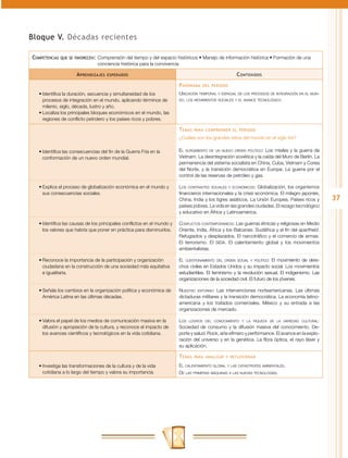 Bloque V. Décadas recientes

Competencias   que se favorecen:	 Comprensión  del tiempo y del espacio históricos • Manejo de información histórica • Formación de una
                                 conciencia histórica para la convivencia

                      A prendizajes   esperados                                                       C ontenidos
                                                                         P anorama   del periodo

   •	Identifica la duración, secuencia y simultaneidad de los            Ubicación temporal y espacial de los procesos de integración en el mun-
     procesos de integración en el mundo, aplicando términos de          do, los movimientos sociales y el avance tecnológico.

     milenio, siglo, década, lustro y año.
   •	Localiza los principales bloques económicos en el mundo, las
     regiones de conflicto petrolero y los países ricos y pobres.

                                                                         T emas   para comprender el periodo

                                                                         ¿Cuáles son los grandes retos del mundo en el siglo XXI?

   •	Identifica las consecuencias del fin de la Guerra Fría en la        El surgimiento de un nuevo orden político: Los misiles y la guerra de
     conformación de un nuevo orden mundial.                             Vietnam. La desintegración soviética y la caída del Muro de Berlín. La
                                                                         permanencia del sistema socialista en China, Cuba, Vietnam y Corea
                                                                         del Norte, y la transición democrática en Europa. La guerra por el
                                                                         control de las reservas de petróleo y gas.

   •	Explica el proceso de globalización económica en el mundo y         Los contrastes sociales y económicos: Globalización, los organismos
     sus consecuencias sociales.                                         financieros internacionales y la crisis económica. El milagro japonés,
                                                                         China, India y los tigres asiáticos. La Unión Europea. Países ricos y      37
                                                                         países pobres. La vida en las grandes ciudades. El rezago tecnológico
                                                                         y educativo en África y Latinoamérica.

   •	Identifica las causas de los principales conflictos en el mundo y   Conflictos contemporáneos: Las guerras étnicas y religiosas en Medio
     los valores que habría que poner en práctica para disminuirlos.     Oriente, India, África y los Balcanes. Sudáfrica y el fin del apartheid.
                                                                         Refugiados y desplazados. El narcotráfico y el comercio de armas.
                                                                         El terrorismo. El sida. El calentamiento global y los movimientos
                                                                         ambientalistas.

   •	Reconoce la importancia de la participación y organización          El cuestionamiento del orden social y político: El movimiento de dere-
     ciudadana en la construcción de una sociedad más equitativa         chos civiles en Estados Unidos y su impacto social. Los movimientos
     e igualitaria.                                                      estudiantiles. El feminismo y la revolución sexual. El indigenismo. Las
                                                                         organizaciones de la sociedad civil. El futuro de los jóvenes.

   •	Señala los cambios en la organización política y económica de       Nuestro entorno: Las intervenciones norteamericanas. Las últimas
     América Latina en las últimas décadas.                              dictaduras militares y la transición democrática. La economía latino-
                                                                         americana y los tratados comerciales. México y su entrada a las
                                                                         organizaciones de mercado.

   •	Valora el papel de los medios de comunicación masiva en la          Los logros del conocimiento y la riqueza de la variedad cultural:
     difusión y apropiación de la cultura, y reconoce el impacto de      Sociedad de consumo y la difusión masiva del conocimiento. De-
     los avances científicos y tecnológicos en la vida cotidiana.        porte y salud. Rock, arte efímero y performance. El avance en la explo-
                                                                         ración del universo y en la genética. La fibra óptica, el rayo láser y
                                                                         su aplicación.

                                                                         T emas   para analizar y reflexionar

   •	Investiga las transformaciones de la cultura y de la vida           El calentamiento global y las catástrofes ambientales.
     cotidiana a lo largo del tiempo y valora su importancia.            De las primeras máquinas a las nuevas tecnologías.
 