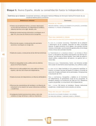 Bloque II. Nueva España, desde su consolidación hasta la Independencia

     Competencias   que se favorecen:	 Comprensión  del tiempo y del espacio históricos • Manejo de información histórica • Formación de una
                                      conciencia histórica para la convivencia

                           A prendizajes   esperados                                                           C ontenidos
                                                                                 P anorama   del periodo

        •	Ordena secuencialmente hechos y procesos relacionados                  Ubicación temporal y espacial del movimiento de Ilustración, las reformas
          con las reformas borbónicas y la Independencia de México,              borbónicas y el proceso de Independencia.

          utilizando términos como siglo, década y año.

        •	Señala las transformaciones del territorio novohispano en el
          siglo XVIII y las zonas de influencia de los insurgentes.

                                                                                 T emas   para comprender el periodo

                                                                                 ¿Cómo afectó la crisis de la Corona española a Nueva España?

        •	Reconoce las causas y consecuencias del crecimiento                    El auge de la economía novohispana: Crecimiento de la población
          económico novohispano en el siglo XVIII.                               y florecimiento de las ciudades. Desarrollo de redes comerciales
                                                                                 internas. El papel económico de la Iglesia y las grandes fortunas
                                                                                 mineras y comerciales. Las innovaciones agropecuarias, la tecnología
                                                                                 minera e inicios de la actividad industrial.

        •	Explica las causas y consecuencias de las reformas borbónicas.         La transformación de la monarquía española y las reformas de Nueva
42                                                                               España: La decadencia del poderío naval español y las reformas bor-
                                                                                 bónicas. Las reformas en Nueva España: nuevo estilo de gobierno,
                                                                                 división política, establecimiento del ejército y la apertura del co-
                                                                                 mercio libre.

        •	Explica la desigualdad social y política entre los distintos           Desigualdad social: Corporaciones y fueros. Las tensiones sociales
          grupos de la Nueva España.                                             de la ciudad. El crecimiento de las haciendas y los conflictos rurales.

        •	Reconoce la multicausalidad de la crisis política en Nueva             La crisis política: Ideas ilustradas en las posesiones españolas en
          España y del inicio de la Guerra de Independencia.                     América. La invasión francesa de España. El criollismo y el anhelo de
                                                                                 autonomía. El golpe de Estado de los peninsulares. Conspiraciones
                                                                                 e insurrección de 1810.

        •	Explica el proceso de Independencia y la influencia del liberalismo.   Hacia la independencia: Insurgentes y realistas en el movimiento
                                                                                 de Independencia. El pensamiento social de los insurgentes. El
                                                                                 liberalismo español y la Constitución de Cádiz de 1812. Resistencia
                                                                                 y guerra de guerrillas. La consumación de la Independencia.

        •	Reconoce las características del neoclásico y la influencia de         Arte y cultura: Del barroco al neoclásico. Nuevas instituciones
          la Ilustración en la creación de nuevas instituciones científicas      académicas y modernización de los estudios y la ciencia.
          y académicas.

                                                                                 T emas   para analizar y reflexionar

        •	Investiga las transformaciones de la cultura y de la vida              Las calles de las ciudades coloniales y sus leyendas.
          cotidiana a lo largo del tiempo y valora su importancia.               Las rebeliones indígenas y campesinas durante el Virreinato.
 