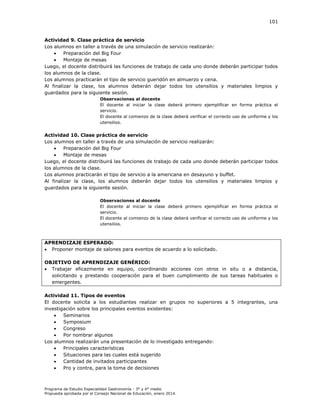 101

Actividad 9. Clase práctica de servicio
Los alumnos en taller a través de una simulación de servicio realizarán:

Preparación del Big Four

Montaje de mesas
Luego, el docente distribuirá las funciones de trabajo de cada uno donde deberán participar todos
los alumnos de la clase.
Los alumnos practicarán el tipo de servicio gueridón en almuerzo y cena.
Al finalizar la clase, los alumnos deberán dejar todos los utensilios y materiales limpios y
guardados para la siguiente sesión.
Observaciones al docente
El docente al iniciar la clase deberá primero ejemplificar en forma práctica el
servicio.
El docente al comienzo de la clase deberá verificar el correcto uso de uniforme y los
utensilios.

Actividad 10. Clase práctica de servicio
Los alumnos en taller a través de una simulación de servicio realizarán:

Preparación del Big Four

Montaje de mesas
Luego, el docente distribuirá las funciones de trabajo de cada uno donde deberán participar todos
los alumnos de la clase.
Los alumnos practicarán el tipo de servicio a la americana en desayuno y buffet.
Al finalizar la clase, los alumnos deberán dejar todos los utensilios y materiales limpios y
guardados para la siguiente sesión.
Observaciones al docente
El docente al iniciar la clase deberá primero ejemplificar en forma práctica el
servicio.
El docente al comienzo de la clase deberá verificar el correcto uso de uniforme y los
utensilios.

APRENDIZAJE ESPERADO:
 Proponer montaje de salones para eventos de acuerdo a lo solicitado.
OBJETIVO DE APRENDIZAJE GENÉRICO:
 Trabajar eficazmente en equipo, coordinando acciones con otros in situ o a distancia,
solicitando y prestando cooperación para el buen cumplimiento de sus tareas habituales o
emergentes.
Actividad 11. Tipos de eventos
El docente solicita a los estudiantes realizar en grupos no superiores a 5 integrantes, una
investigación sobre los principales eventos existentes:

Seminarios

Symposium

Congreso

Por nombrar algunos
Los alumnos realizarán una presentación de lo investigado entregando:

Principales características

Situaciones para las cuales está sugerido

Cantidad de invitados participantes

Pro y contra, para la toma de decisiones

Programa de Estudio Especialidad Gastronomía - 3° y 4° medio
Propuesta aprobada por el Consejo Nacional de Educación, enero 2014.

 