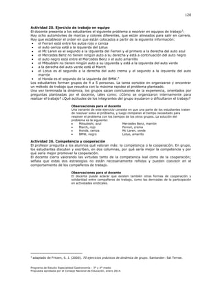 120

Actividad 25. Ejercicio de trabajo en equipo
El docente presenta a los estudiantes el siguiente problema a resolver en equipos de trabajo3:
Hay ocho automóviles de marcas y colores diferentes, que están alineados para salir en carrera.
Hay que establecer el orden en que están colocados a partir de la siguiente información:

el Ferrari está entre los autos rojo y ceniza

el auto ceniza está a la izquierda del Lotus

el Mc Laren es el segundo a la izquierda del Ferrari y el primero a la derecha del auto azul

el Mercedes Benz no tienen ningún auto a su derecha y está a continuación del auto negro

el auto negro está entre el Mercedes Benz y el auto amarrillo

el Mitsubishi no tienen ningún auto a su izquierda y está a la izquierda del auto verde

a la derecha del auto verde está el March

el Lotus es el segundo a la derecha del auto crema y el segundo a la izquierda del auto
marrón

el Honda es el segundo de la izquierda del BMW.”
Los estudiantes forman grupos de 4 a 5 personas. La tarea consiste en organizarse y encontrar
un método de trabajo que resuelva con la máxima rapidez el problema planteado.
Una vez terminada la dinámica, los grupos sacan conclusiones de la experiencia, orientados por
preguntas planteadas por el docente, tales como: ¿Cómo se organizaron internamente para
realizar el trabajo? ¿Qué actitudes de los integrantes del grupo ayudaron o dificultaron el trabajo?
Observaciones para el docente
Una variante de este ejercicio consiste en que una parte de los estudiantes traten
de resolver solos el problema, y luego comparen el tiempo necesitado para
resolver el problema con los tiempos de los otros grupos. La solución del
problema es la siguiente:

Mitsubishi, azul
Mercedes Benz, marrón

March, rojo
Ferrari, crema

Honda, ceniza
Mc Laren, verde

BMW, negro
Lotus, amarillo

Actividad 26. Competencia y cooperación
El profesor pregunta a los alumnos qué valoran más: la competencia o la cooperación. En grupo,
los estudiantes discuten y escriben, en dos columnas, por qué sería mejor la competencia y por
qué sería mejor promover la cooperación.
El docente cierra valorando las virtudes tanto de la competencia leal como de la cooperación;
señala que estas dos estrategias no están necesariamente reñidas y pueden coexistir en el
comportamiento de los compañeros de trabajo.
Observaciones para el docente
El docente puede aclarar que existen también otras formas de cooperación y
solidaridad entre compañeros de trabajo, como las derivadas de la participación
en actividades sindicales.

3

adaptado de Fritzen, S. J. (2000).

Programa de Estudio Especialidad Gastronomía - 3° y 4° medio
Propuesta aprobada por el Consejo Nacional de Educación, enero 2014.

. Santander: Sal Terrae.

 