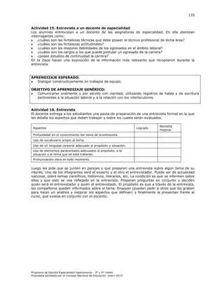 135

Actividad 15. Entrevista a un docente de especialidad
Los alumnos entrevistan a un docente de las asignaturas de especialidad. En ella plantean
interrogantes como:

¿cuáles son las fortalezas técnicas que debe poseer el técnico profesional de dicha área?

¿cuáles son las fortalezas actitudinales?

¿cuáles son las mayores debilidades de los egresados en el ámbito laboral?

¿cuáles son los cargos a los que puede postular un egresado de la carrera?

¿posee estudios de continuidad la carrera?
En la clase hacen una exposición de la información más relevante que recopilaron durante la
entrevista.

APRENDIZAJE ESPERADO:

Dialogar constructivamente en trabajos de equipo.
OBJETIVO DE APRENDIZAJE GENÉRICO:

Comunicarse oralmente y por escrito con claridad, utilizando registros de habla y de escritura
pertinentes a la situación laboral y a la relación con los interlocutores.
Actividad 16. Entrevista
El docente entrega a los estudiantes una pauta de preparación de una entrevista formal en la que
les detalla los aspectos que deben trabajar y sobre los cuales serán evaluados.
Aspectos

Logrado

Necesita
mejorar

Profundidad en el conocimiento del tema de la entrevista.
Uso de vocabulario propio al tema.
Uso de un lenguaje corporal adecuado al propósito y situación.
Uso de elementos paraverbales adecuados al propósito, a la
situación y al tema que se está tratando.
Pronunciación clara en todo momento.

Luego les pide que se junten en parejas y que preparen una entrevista sobre algún tema de su
interés. Uno de los integrantes será el experto y el otro el entrevistador. Puede ser de actualidad
nacional, sobre temas científicos, históricos, literarios, etc. La condición es que se informen sobre
ellos y que esto se vea reflejado en la entrevista. Preparan preguntas en conjunto y deciden
quién será el entrevistador y quién el entrevistado. El propósito es que a través de la entrevista,
los compañeros queden informados sobre el tema. Ensayan (pueden pedir a otros que los graben
para hacer un análisis y mejorar los aspectos que definan) y finalmente la presentan frente al
curso, que evalúa en conjunto con el docente.

Programa de Estudio Especialidad Gastronomía - 3° y 4° medio
Propuesta aprobada por el Consejo Nacional de Educación, enero 2014.

 