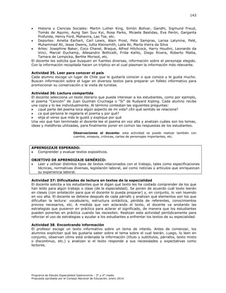 143



Historia y Ciencias Sociales: Martin Luther King, Simón Bolívar, Gandhi, Sigmund Freud,
Tomás de Aquino, Aung San Suu Kyi, Rosa Parks, Micaela Bastidas, Eva Perón, Garganta
Profunda, Henry Ford, Mahavira, Lao Tse, etc.

Deportes: Amelia Earhart, Carl Lewis, Alain Prost, Pete Sampras, Larisa Latynina, Pelé,
Muhammad Ali, Jesse Owens, Jutta Kleinsmith, Laila Ali, Marta Vieira da Silva

Artes: Josephine Baker, Coco Chanel, Braque, Alfred Hitchcock, Harry Houdini, Leonardo da
Vinci, Marcel Duchamp, Allesandro Botticelli, Frida Kahlo, Diego Rivera, Roberto Matta,
Tamara de Lempicka, Berthe Morisot, etc.
El docente les solicita que busquen en fuentes diversas, información sobre el personaje elegido.
Con la información recopilada hacen un tríptico en el cual plasman la información más relevante.
Actividad 35. Leer para conocer el país
Cada alumno escoge un lugar de Chile que le gustaría conocer o que conoce y le gusta mucho.
Buscan información sobre el lugar en diversos textos para preparar un folleto informativo para
promocionar su conservación o la visita de turistas.
Actividad 36: Lectura compartida
El docente selecciona un texto literario que pueda interesar a los estudiantes, como por ejemplo,
el poema “ anción” de uan uzmán ruc aga o “ i” de udyard ipling. ada alumno recibe
una copia y lo lee individualmente. Al término contestan las siguientes preguntas:

¿qué parte del poema toca algún aspecto de mi vida? ¿En qué sentido se relaciona?

¿a qué persona le regalaría el poema y por qué?

elija el verso que más le gustó y explique por qué
Una vez que han terminado el docente lee el poema en voz alta y analizan cuáles son los temas,
ideas y metáforas utilizadas, para finalmente poner en común las respuestas de los estudiantes.
Observaciones al docente: esta actividad se puede realizar también con
cuentos, ensayos, crónicas, cartas de personajes importantes, etc.

APRENDIZAJE ESPERADO:

Comprender y evaluar textos expositivos.
OBJETIVO DE APRENDIZAJE GENÉRICO:

Leer y utilizar distintos tipos de textos relacionados con el trabajo, tales como especificaciones
técnicas, normativas diversas, legislación laboral, así como noticias y artículos que enriquezcan
su experiencia laboral.
Actividad 37: Dificultades de lectura en textos de la especialidad
El docente solicita a los estudiantes que le digan qué texto les ha costado comprender de los que
han leído para algún trabajo o clase (de la especialidad). Se ponen de acuerdo cuál texto leerán
en clases (con antelación para que el docente lo pueda preparar) y, en conjunto, lo van leyendo
en voz alta. El docente se detiene después de cada párrafo y analizan qué elementos son los que
dificultan la lectura: vocabulario, estructura sintáctica, pérdida de referentes, conocimientos
previos necesarios, etc. A medida que van aclarando el texto, el docente va anotando las
estrategias que pusieron en práctica para aclarar el significado, de manera que los estudiantes
pueden ponerlas en práctica cuando las necesiten. Realizan esta actividad periódicamente para
reforzar el uso de estrategias y ayudar a los estudiantes a enfrentar los textos de su especialidad.
Actividad 38. Encontrando información
El profesor escoge un texto informativo sobre un tema de interés. Antes de comenzar, los
alumnos explicitan qué les gustaría saber sobre el tema sobre el cual leerán. Luego, lo leen en
conjunto, observan cómo está ordenada la información (título y subtítulos, párrafos, texto mixto
o discontinuo, etc.) y analizan si el texto responde a sus necesidades y expectativas como
lectores.

Programa de Estudio Especialidad Gastronomía - 3° y 4° medio
Propuesta aprobada por el Consejo Nacional de Educación, enero 2014.

 