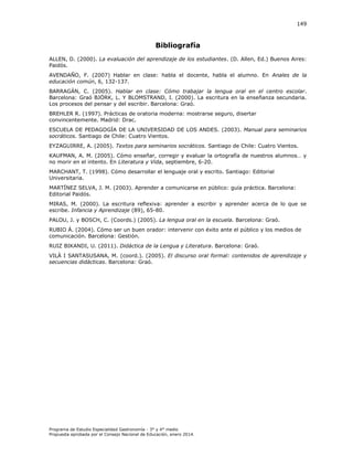 149

Bibliografía
ALLEN, D. (2000). La evaluación del aprendizaje de los estudiantes. (D. Allen, Ed.) Buenos Aires:
Paidós.
AVENDAÑO, F. (2007) Hablar en clase: habla el docente, habla el alumno. En Anales de la
educación común, 6, 132-137.
BARRAGÁN, C. (2005). Hablar en clase: Cómo trabajar la lengua oral en el centro escolar.
Barcelona: Graó BJÖRK, L. Y BLOMSTRAND, I. (2000). La escritura en la enseñanza secundaria.
Los procesos del pensar y del escribir. Barcelona: Graó.
BREHLER R. (1997). Prácticas de oratoria moderna: mostrarse seguro, disertar
convincentemente. Madrid: Drac.
ESCUELA DE PEDAGOGÍA DE LA UNIVERSIDAD DE LOS ANDES. (2003). Manual para seminarios
socráticos. Santiago de Chile: Cuatro Vientos.
EYZAGUIRRE, A. (2005). Textos para seminarios socráticos. Santiago de Chile: Cuatro Vientos.
KAUFMAN, . . (
. ómo enseñar, corregir y evaluar la ortografía de nuestros alumnos… y
no morir en el intento. En Literatura y Vida, septiembre, 6-20.
MARCHANT, T. (1998). Cómo desarrollar el lenguaje oral y escrito. Santiago: Editorial
Universitaria.
MARTÍNEZ SELVA, J. M. (2003). Aprender a comunicarse en público: guía práctica. Barcelona:
Editorial Paidós.
MIRAS, M. (2000). La escritura reflexiva: aprender a escribir y aprender acerca de lo que se
escribe. Infancia y Aprendizaje (89), 65-80.
PALOU, J. y BOSCH, C. (Coords.) (2005). La lengua oral en la escuela. Barcelona: Graó.
RUBIO Á. (2004). Cómo ser un buen orador: intervenir con éxito ante el público y los medios de
comunicación. Barcelona: Gestión.
RUIZ BIKANDI, U. (2011). Didáctica de la Lengua y Literatura. Barcelona: Graó.
VILÀ I SANTASUSANA, M. (coord.). (2005). El discurso oral formal: contenidos de aprendizaje y
secuencias didácticas. Barcelona: Graó.

Programa de Estudio Especialidad Gastronomía - 3° y 4° medio
Propuesta aprobada por el Consejo Nacional de Educación, enero 2014.

 
